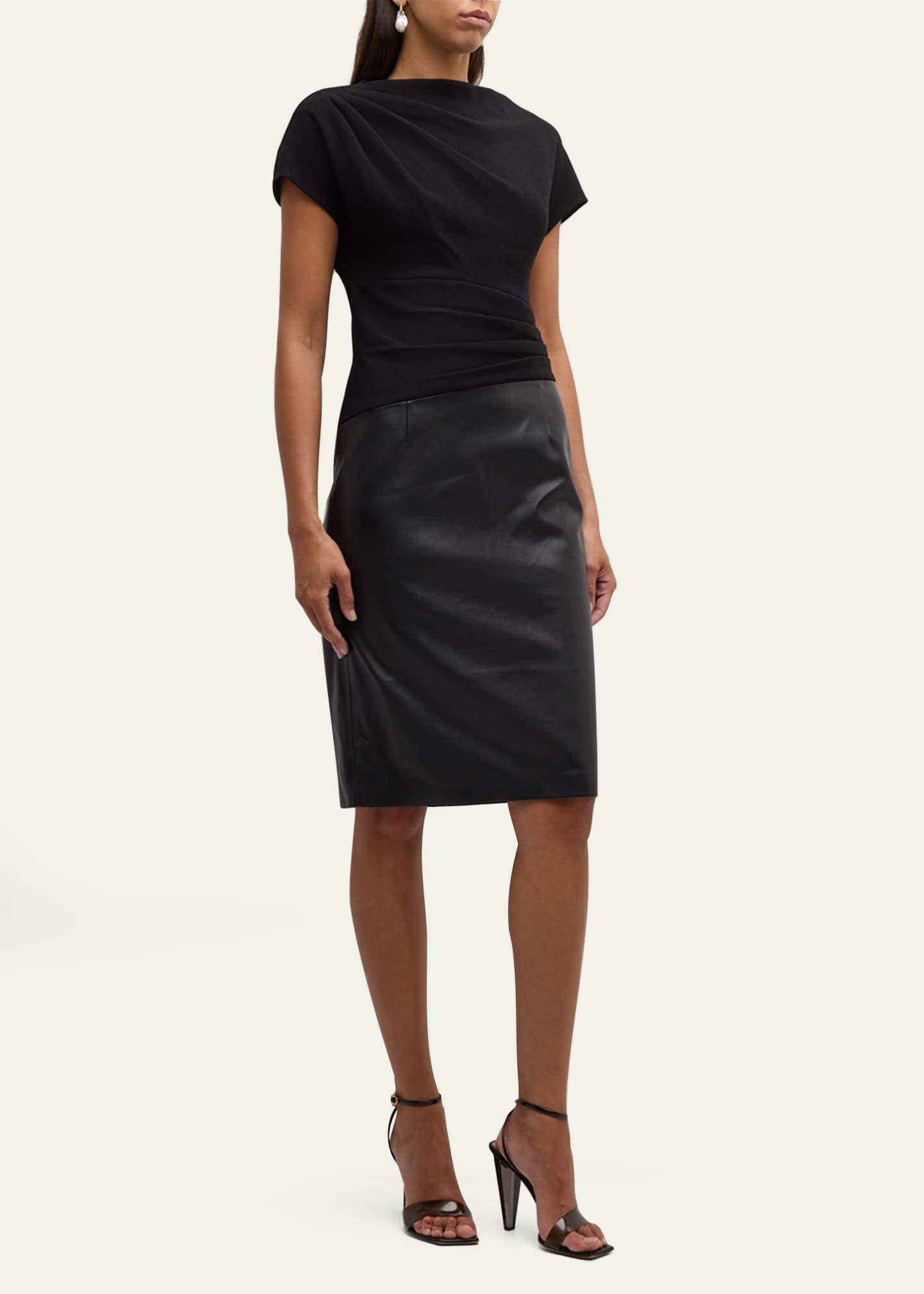 Pleated Crepe and Vegan Leather Dress