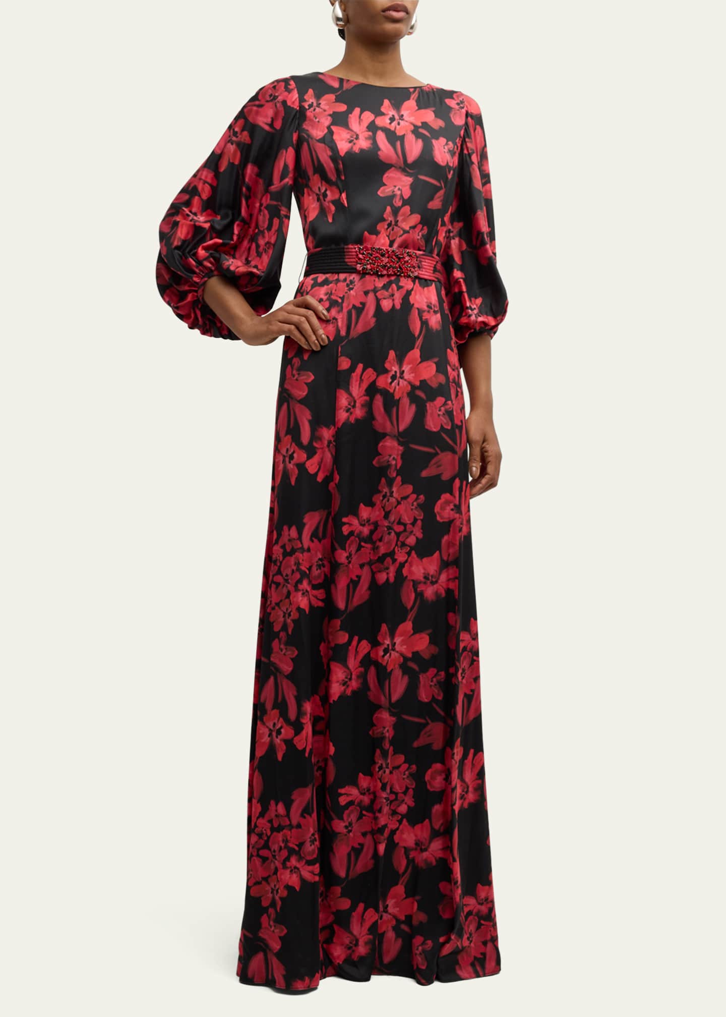 Rickie Freeman for Teri Jon Belted Floral-Print Twill Gown Image 2 of 5