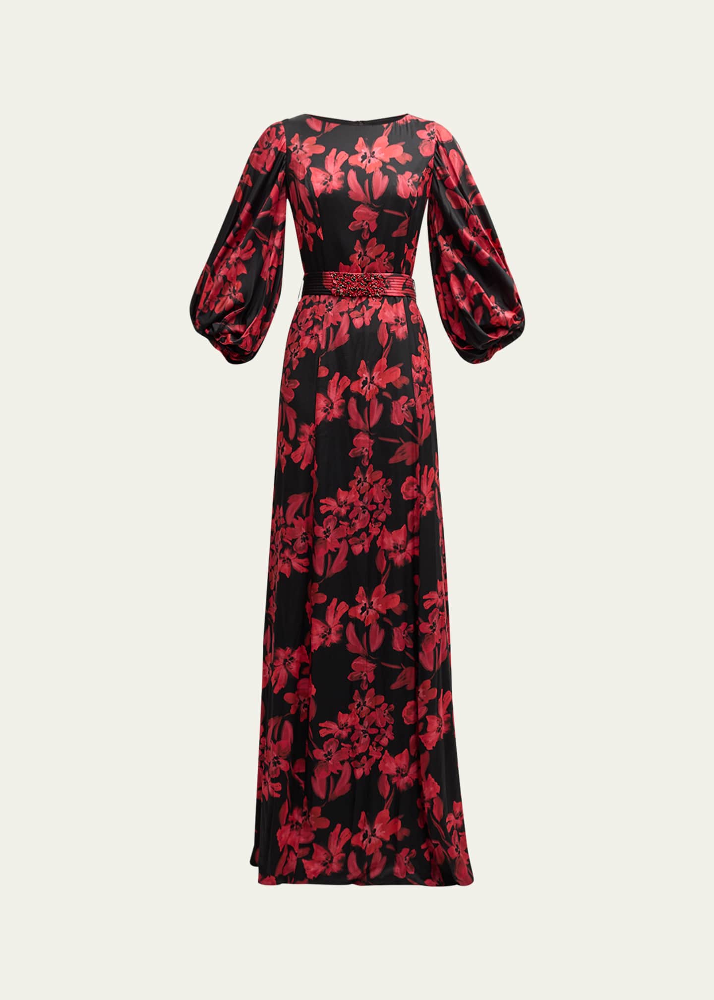 Rickie Freeman for Teri Jon Belted Floral-Print Twill Gown Image 1 of 5