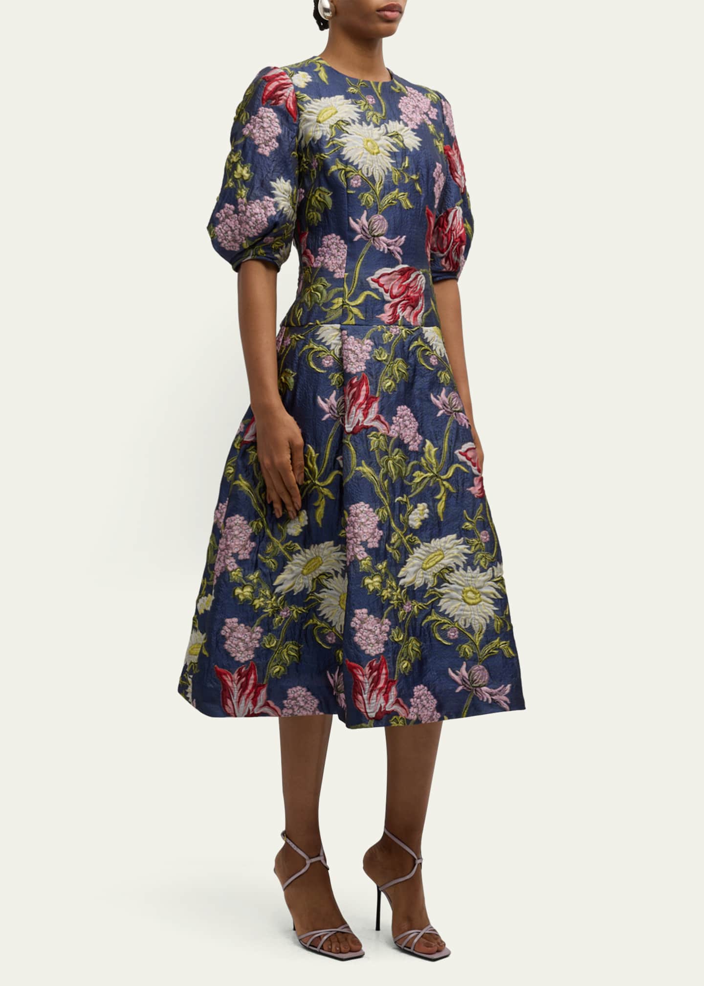 Rickie Freeman for Teri Jon Puff-Sleeve Floral Jacquard Midi Dress Image 2 of 5