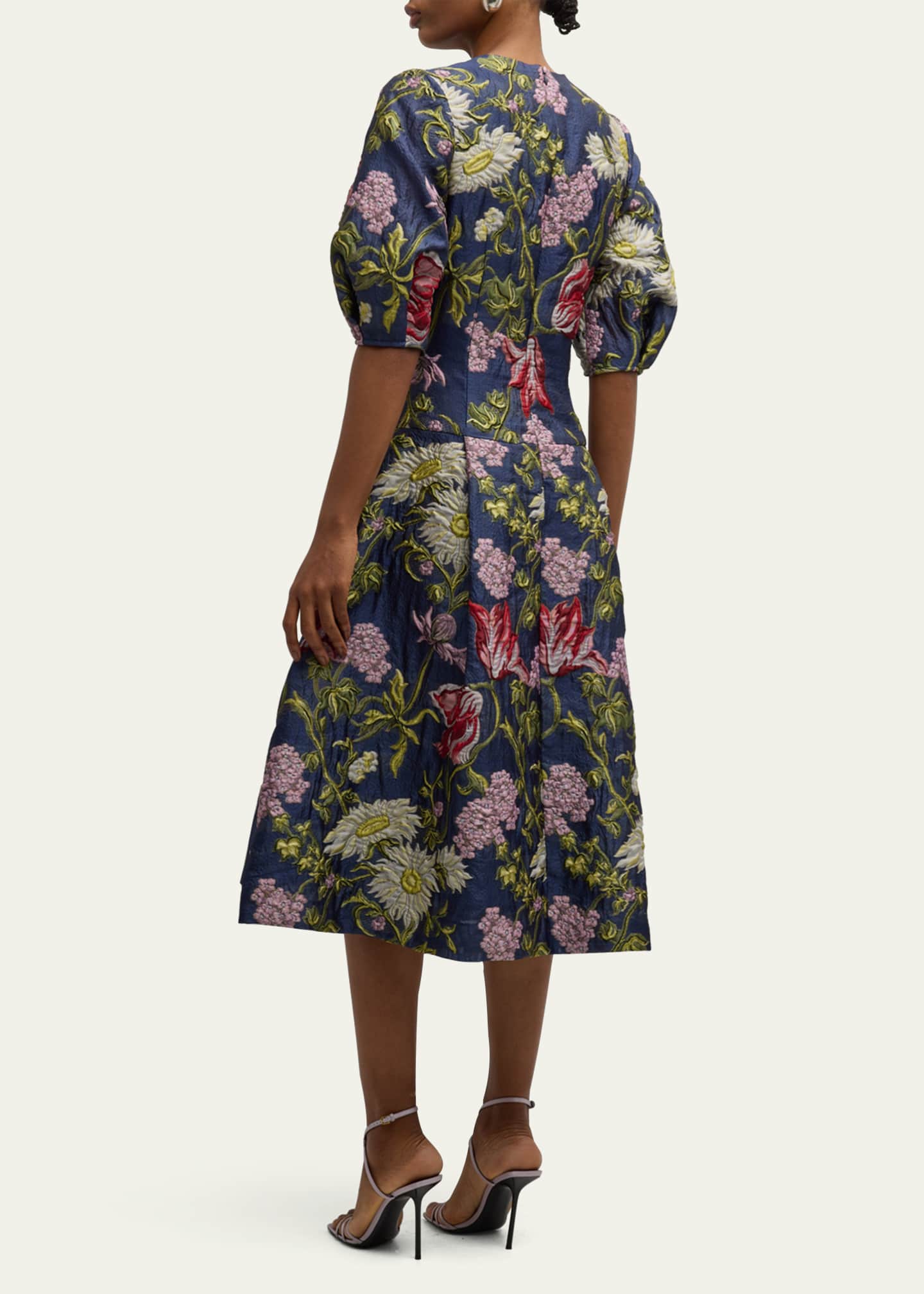 Rickie Freeman for Teri Jon Puff-Sleeve Floral Jacquard Midi Dress Image 3 of 5