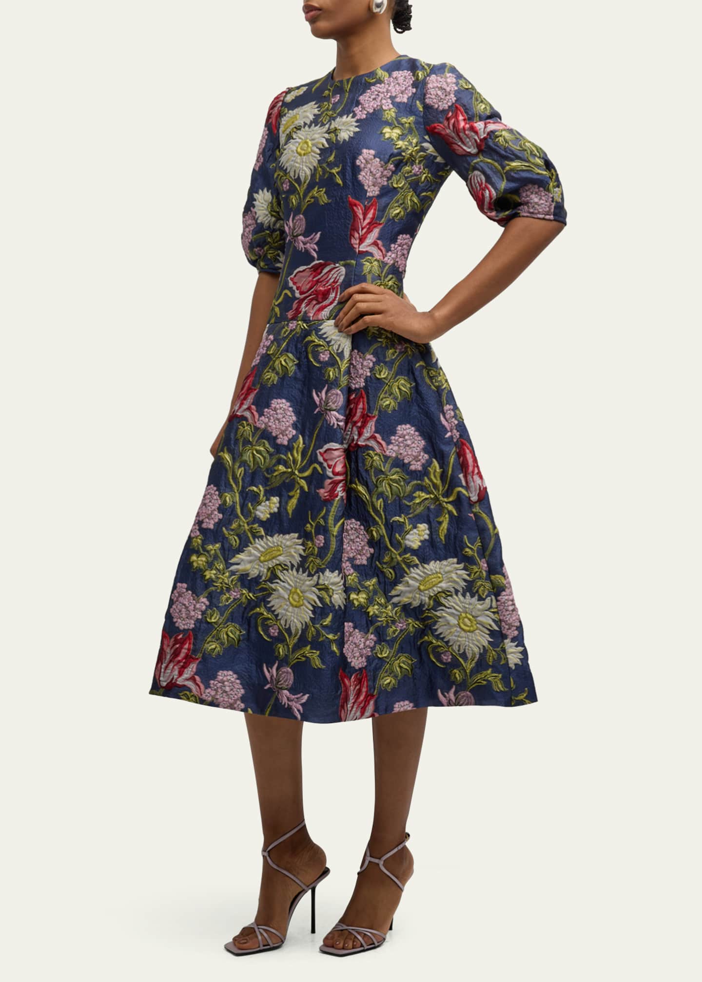 Rickie Freeman for Teri Jon Puff-Sleeve Floral Jacquard Midi Dress Image 4 of 5