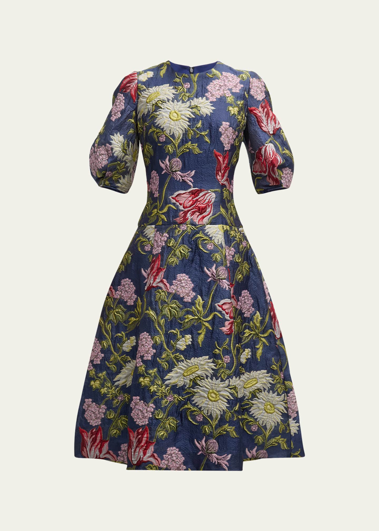 Rickie Freeman for Teri Jon Puff-Sleeve Floral Jacquard Midi Dress Image 1 of 5
