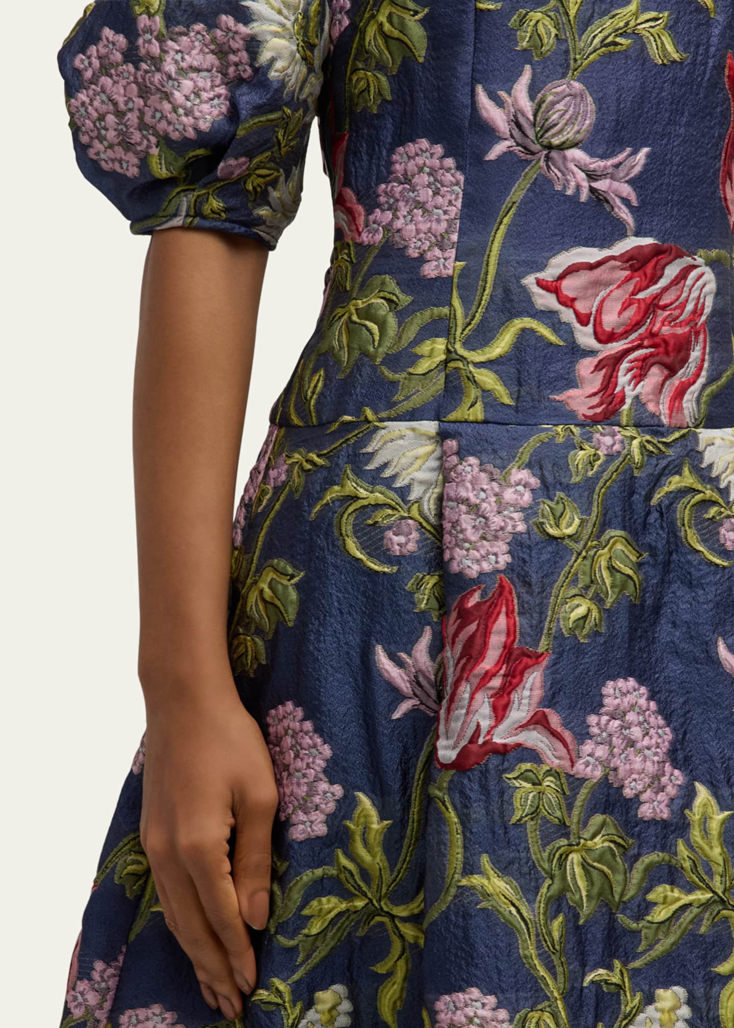 Rickie Freeman for Teri Jon Puff-Sleeve Floral Jacquard Midi Dress Image 5 of 5