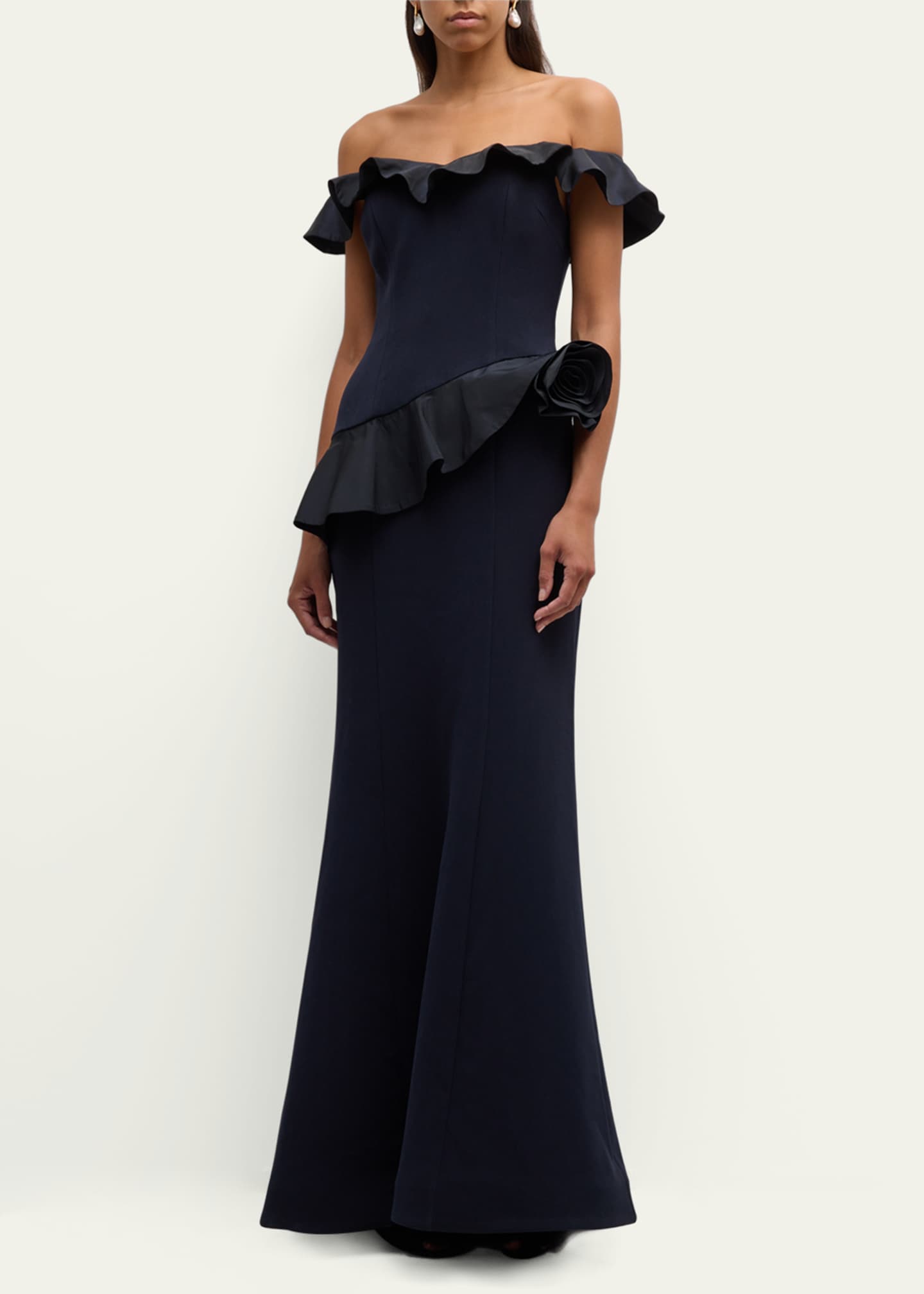 Rickie Freeman for Teri Jon Off-Shoulder Ruffle Trumpet Gown Image 2 of 5