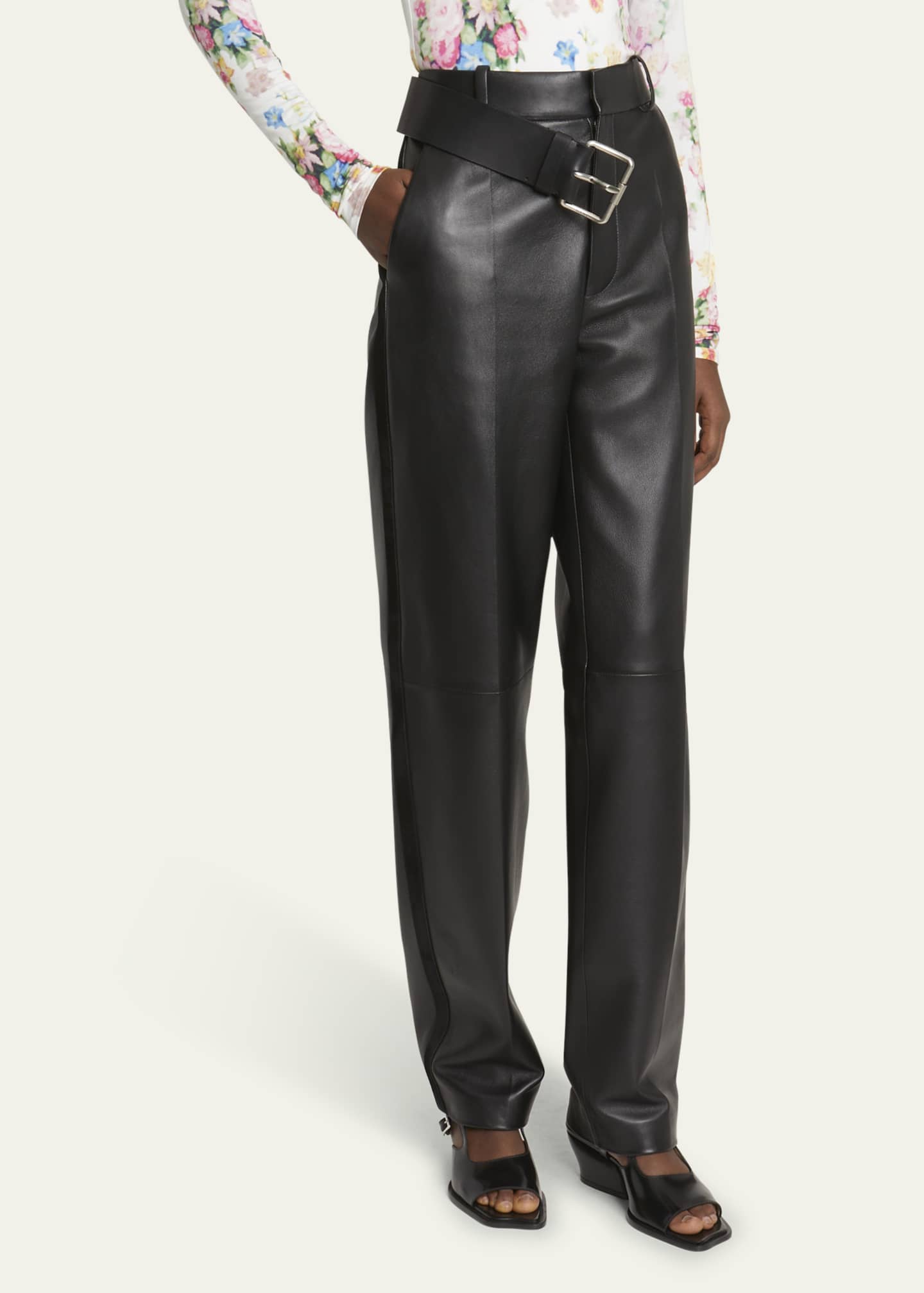 Loewe Pleated Leather Buckle Detail Trousers - Bergdorf Goodman