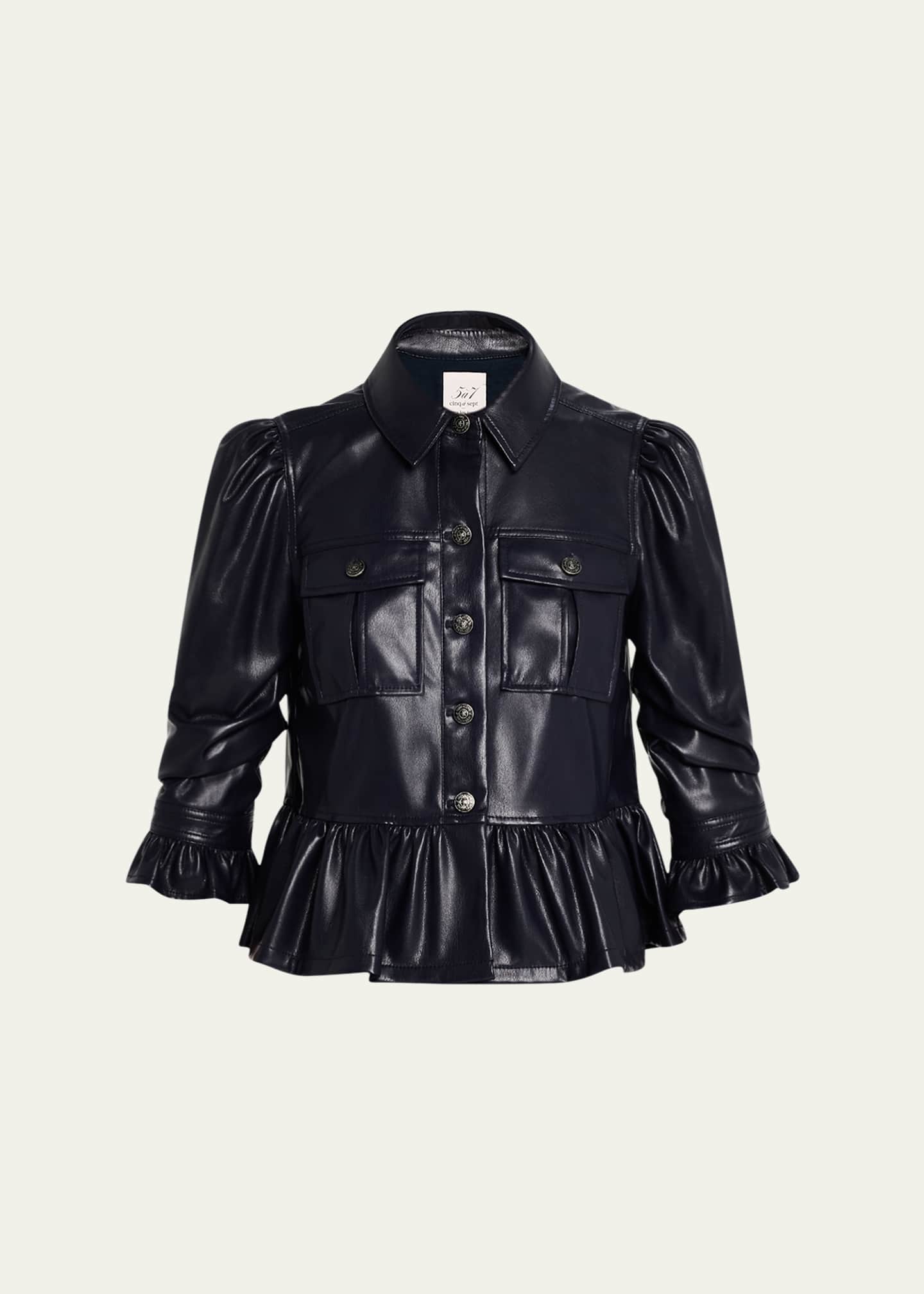 Cinq a Sept Delanie Ruffled Vegan Leather Jacket Navy