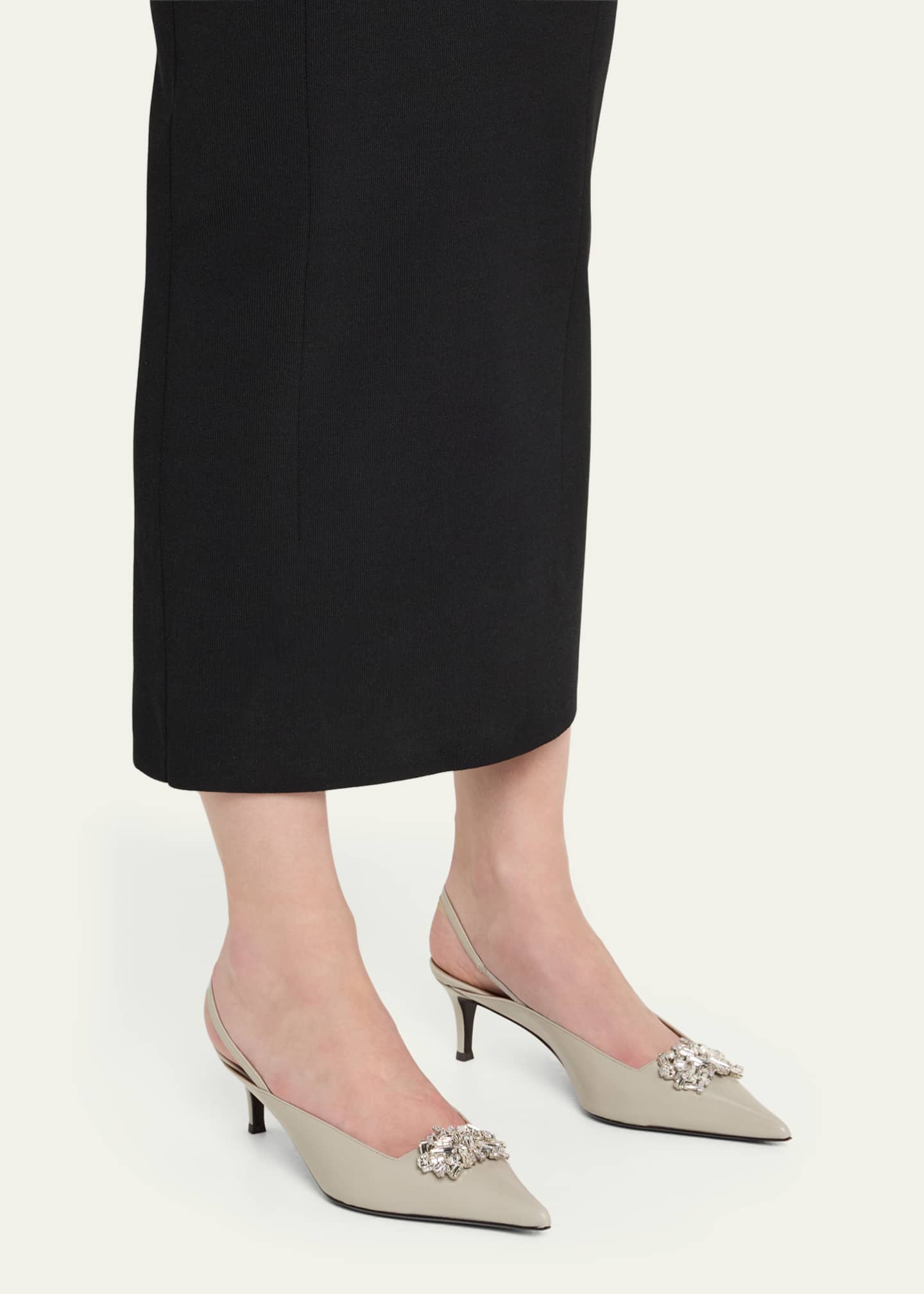Leather Crystal Ornament Slingback Pumps