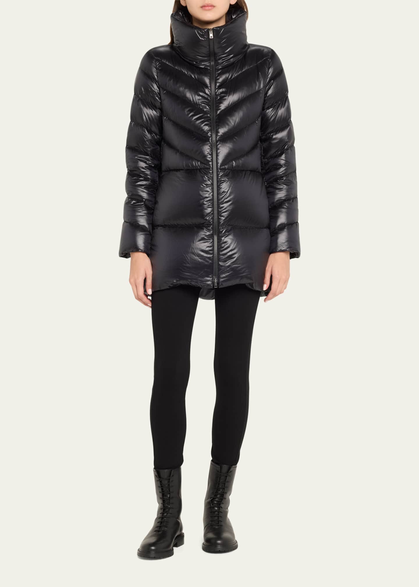 Herno Water Resistant Shiny Nylon A Line Chevron Quilted Puffer Jacket