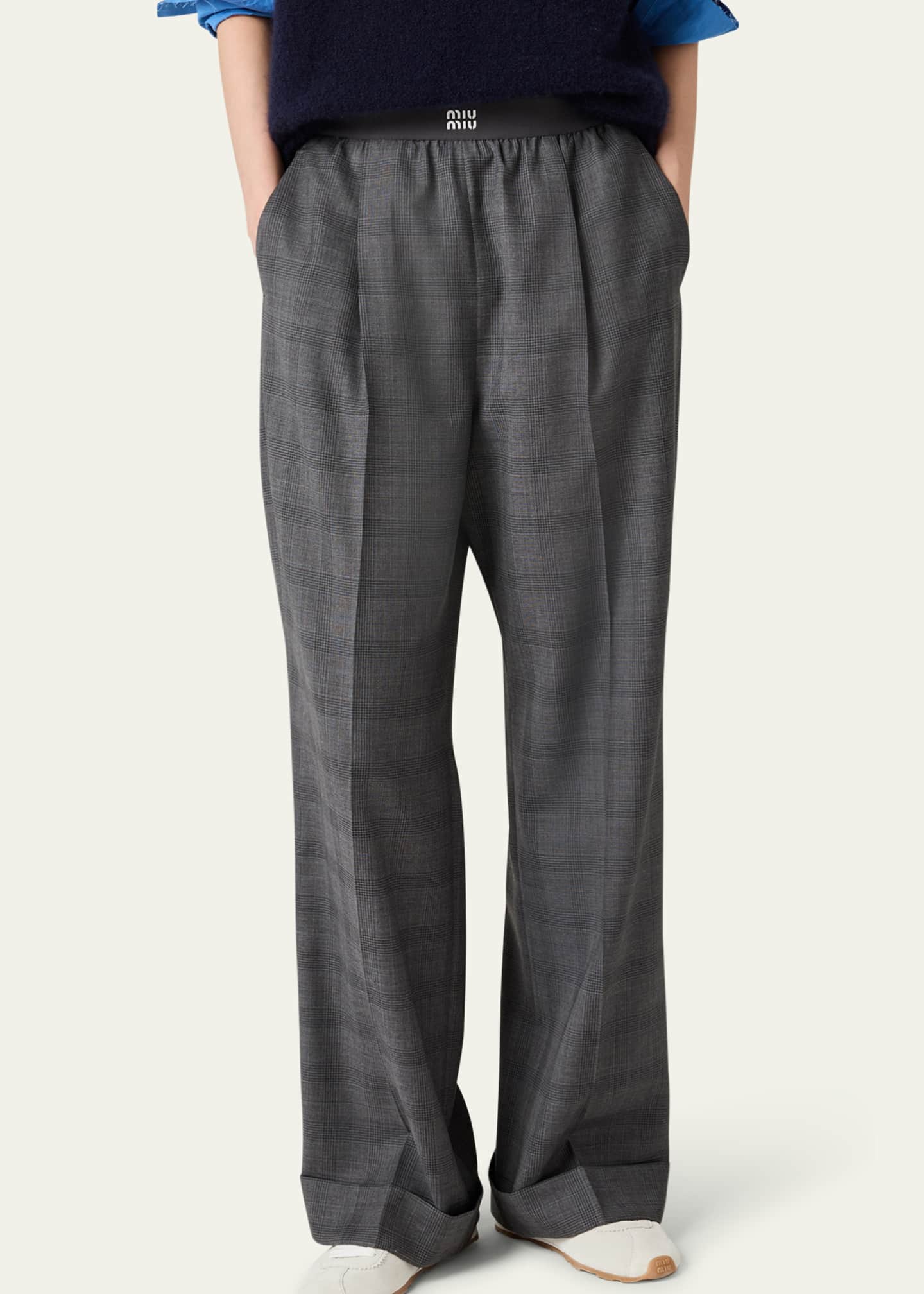 激安単価で Miu Miu Elastic with Trousers Wool Leg Wide Wales of Prince パンツ