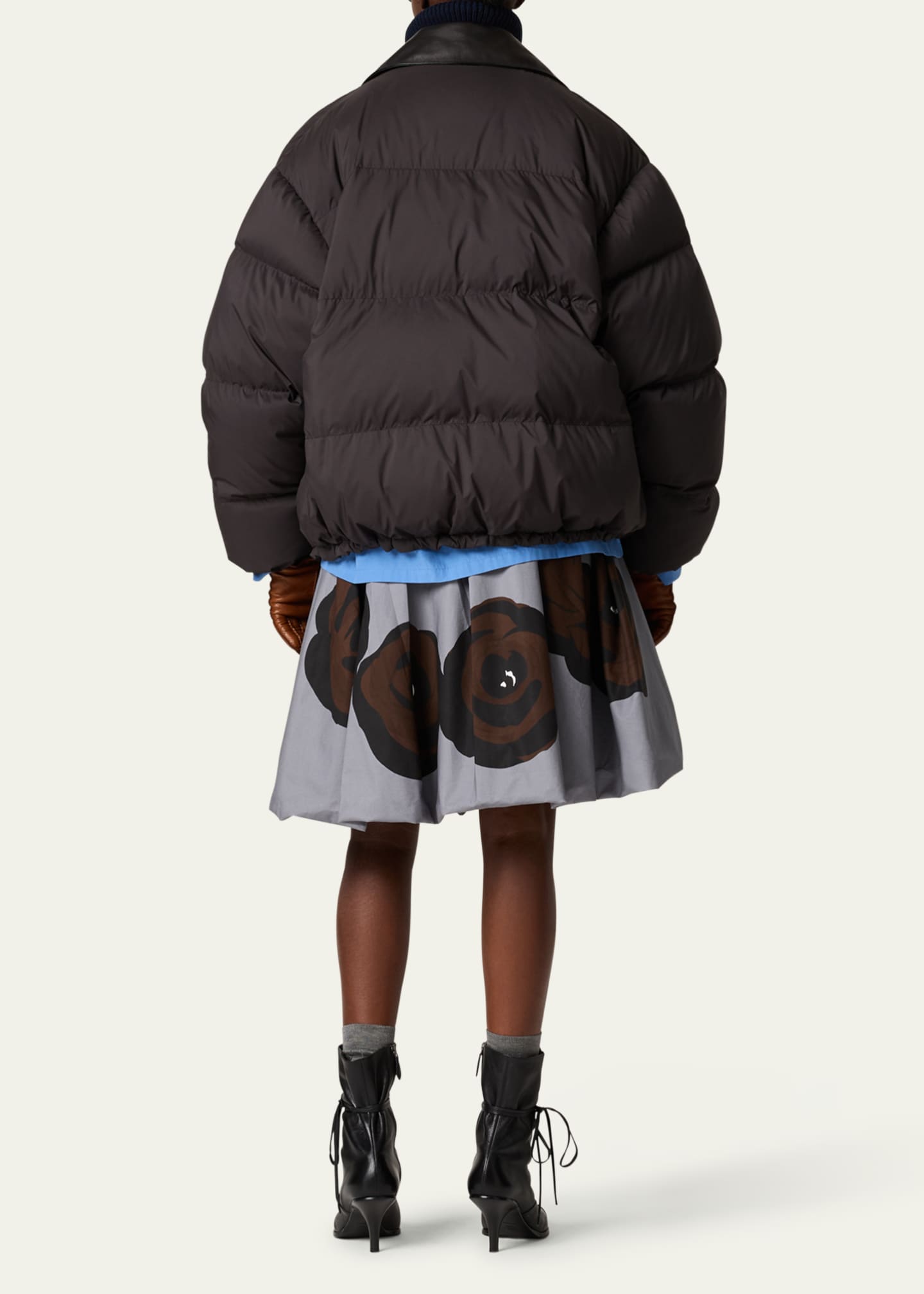 Miu Miu Printed Logo Leather Collar Oversized Down Jacket