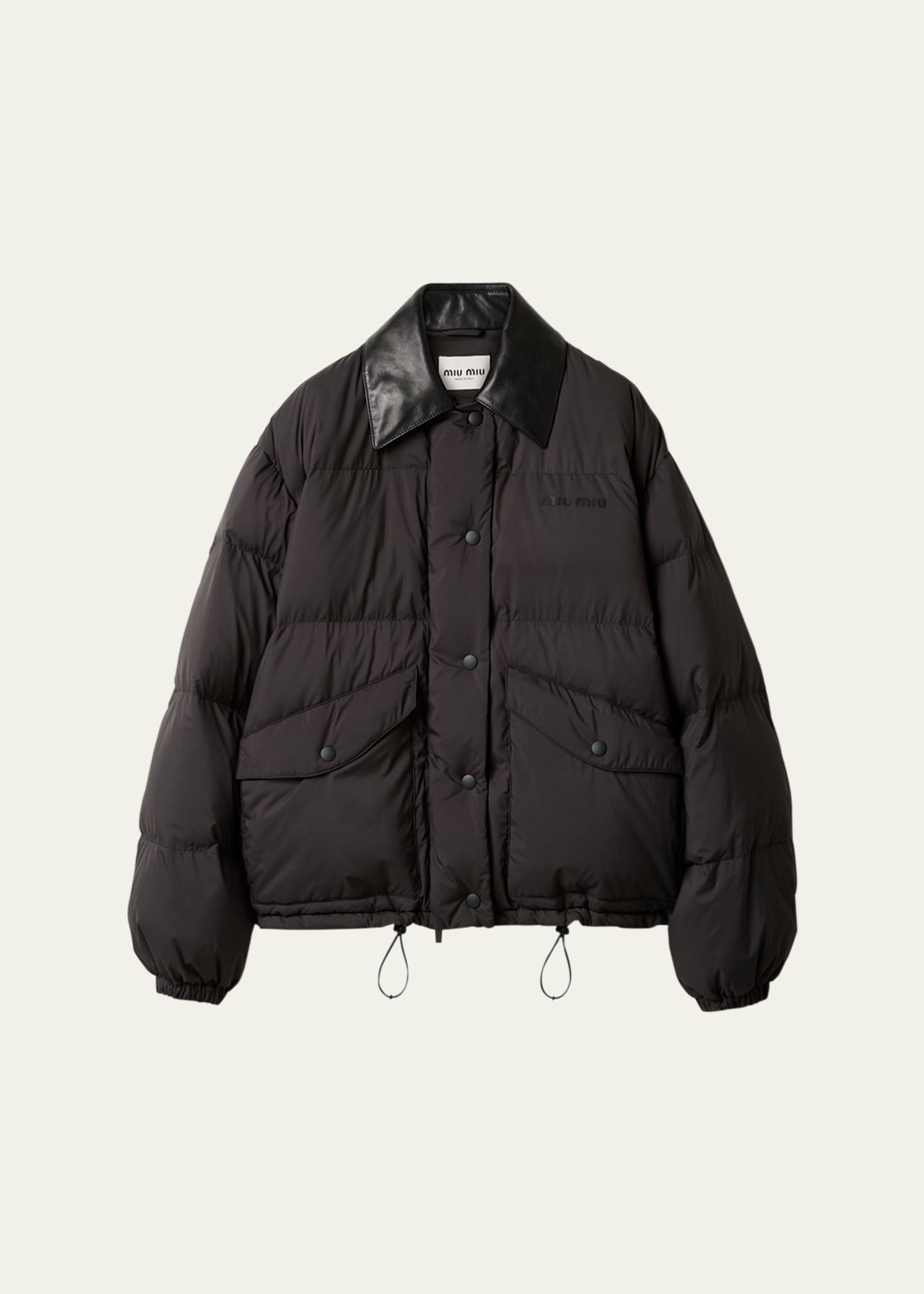 Miu Miu Printed Logo Leather Collar Oversized Down Jacket