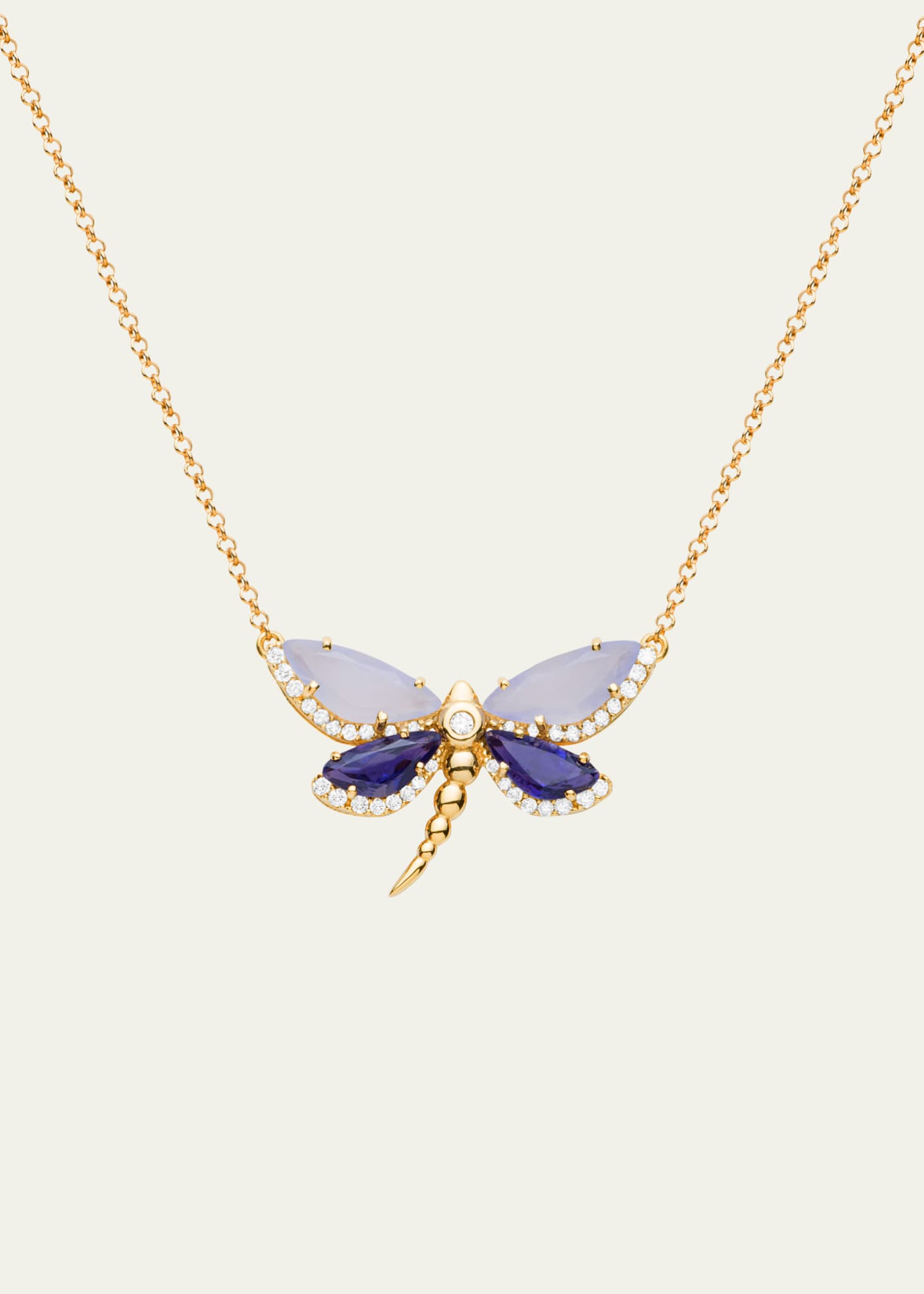 Daniella Kronfle 18K Rose Gold Medium Dragonfly Necklace with Chalcedony, Iolite and Diamonds