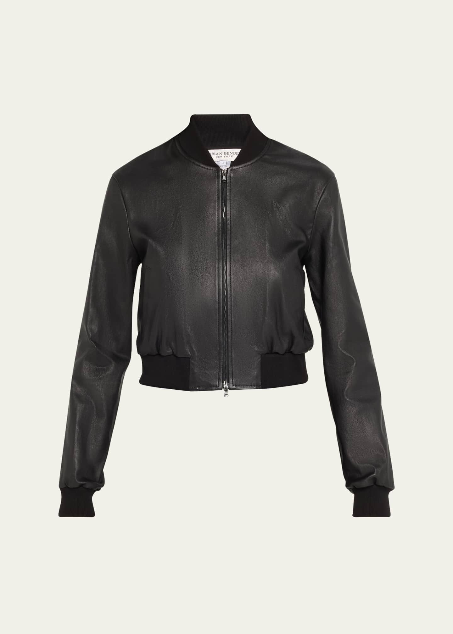 Susan Bender Stretch Lambskin Leather Bomber Jacket Image 1 of 5
