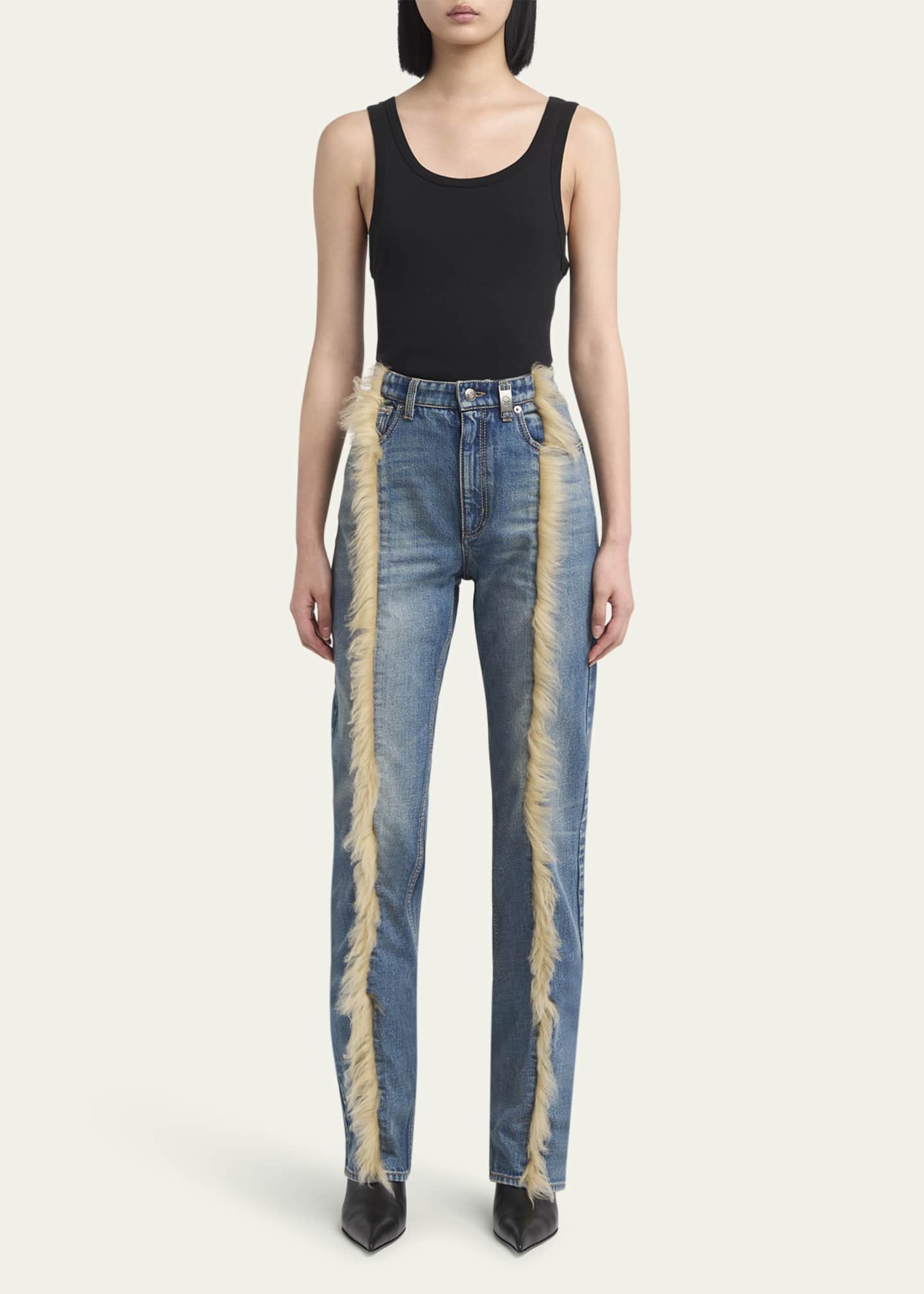 McQueen Sheepskin Trim Straight Leg Denim Pants Image 2 of 5