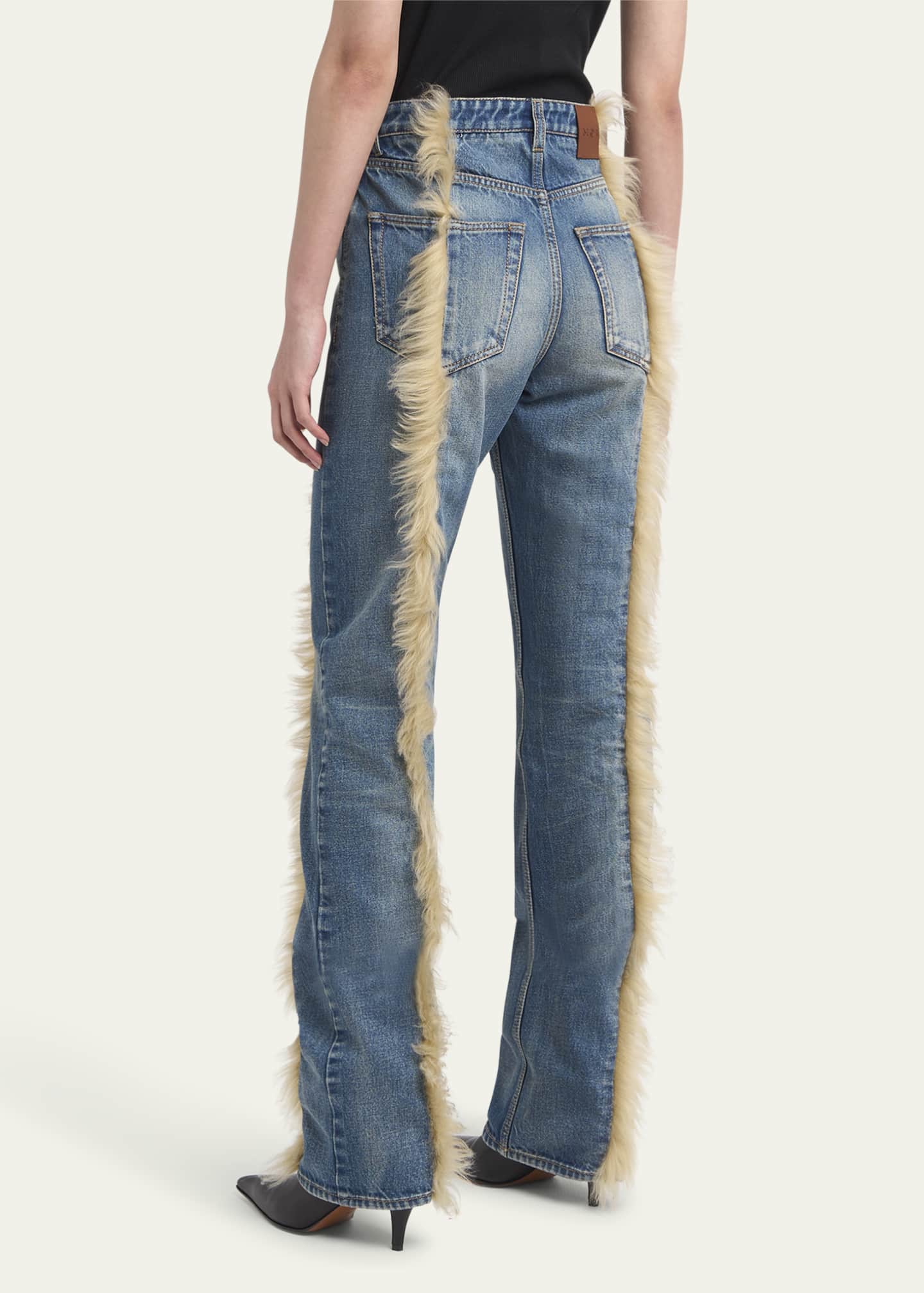 McQueen Sheepskin Trim Straight Leg Denim Pants Image 3 of 5