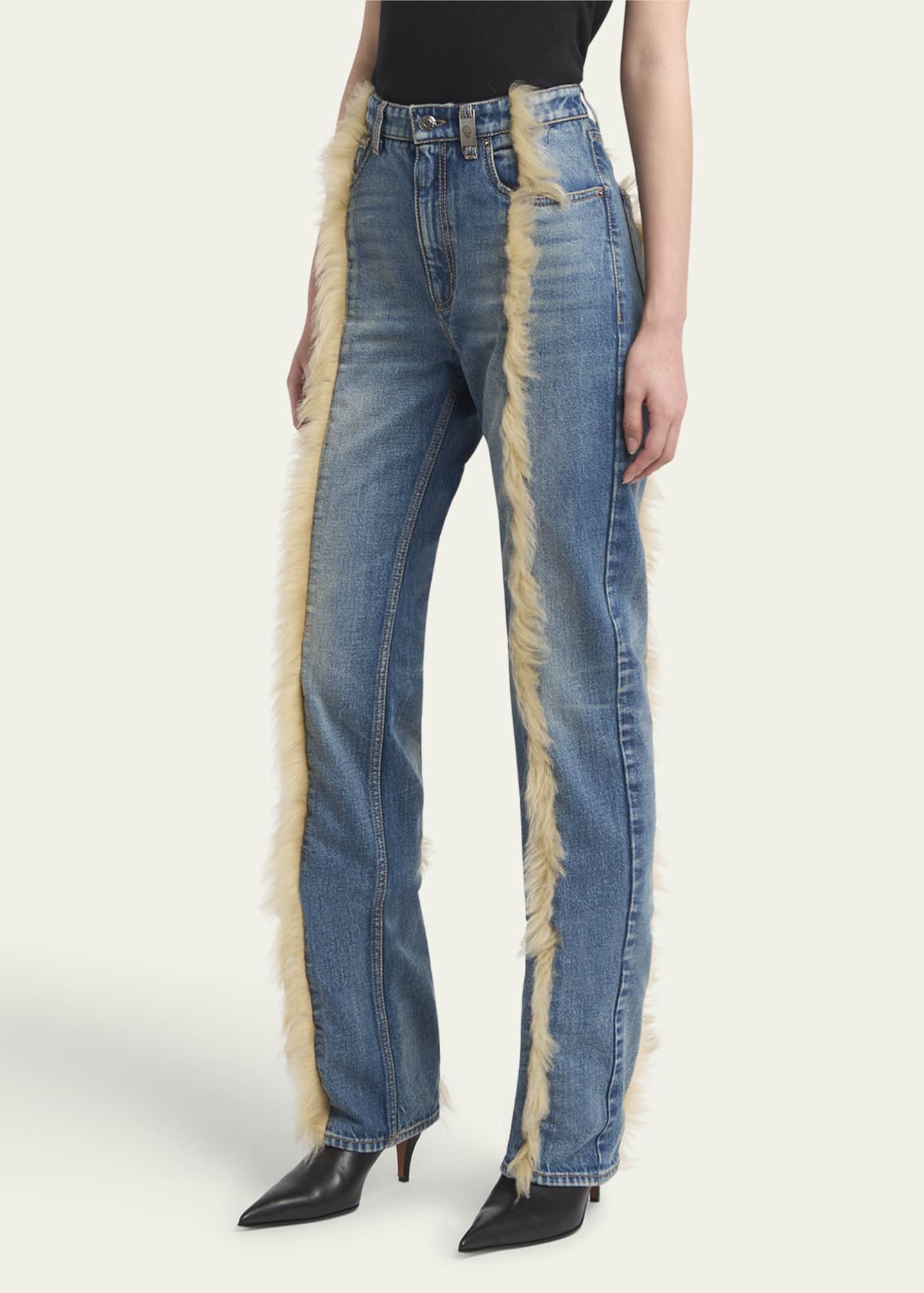 McQueen Sheepskin Trim Straight Leg Denim Pants Image 4 of 5