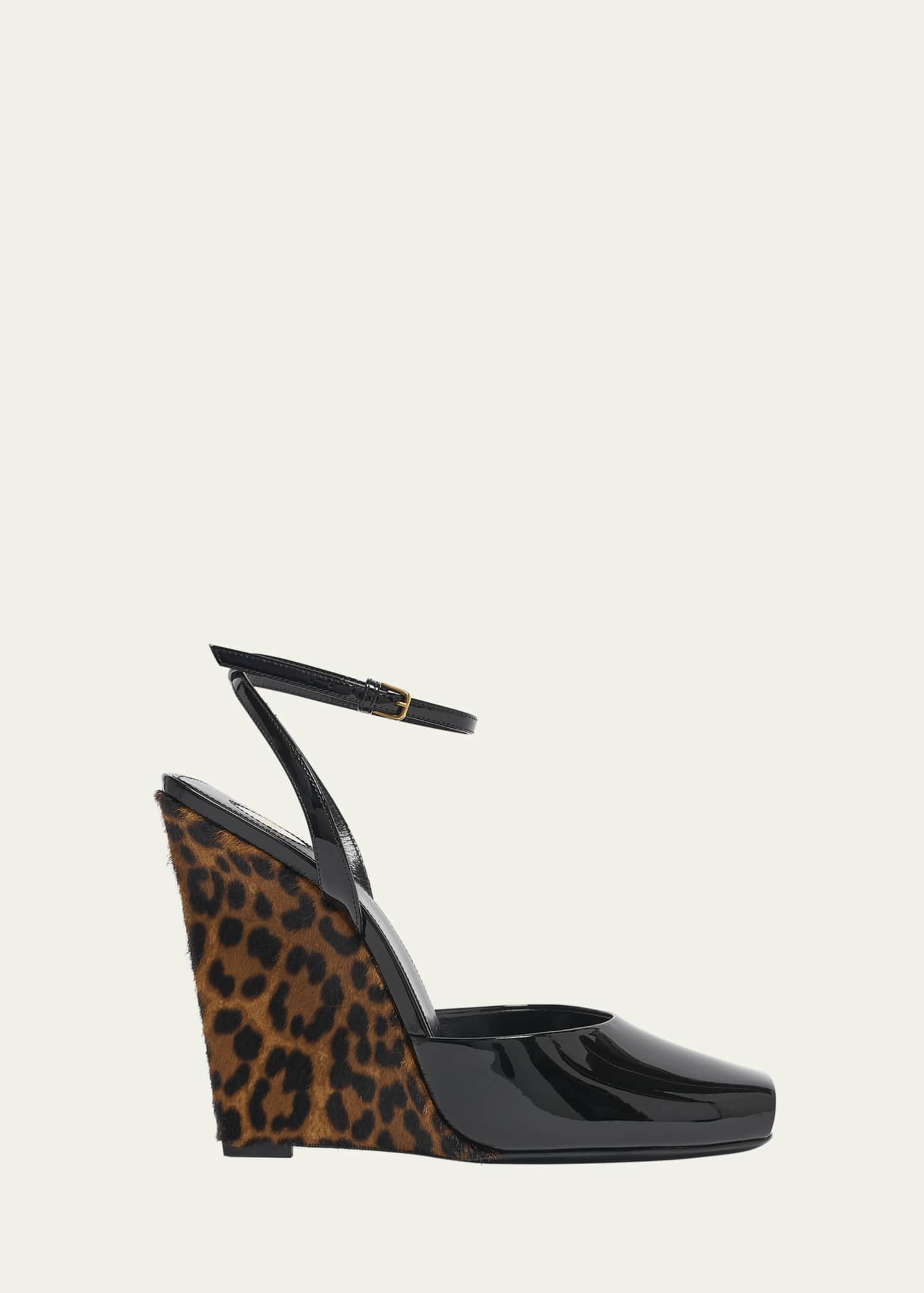Saint Laurent Le Scandale Patent Leopard Wedge Sandals Image 1 of 5
