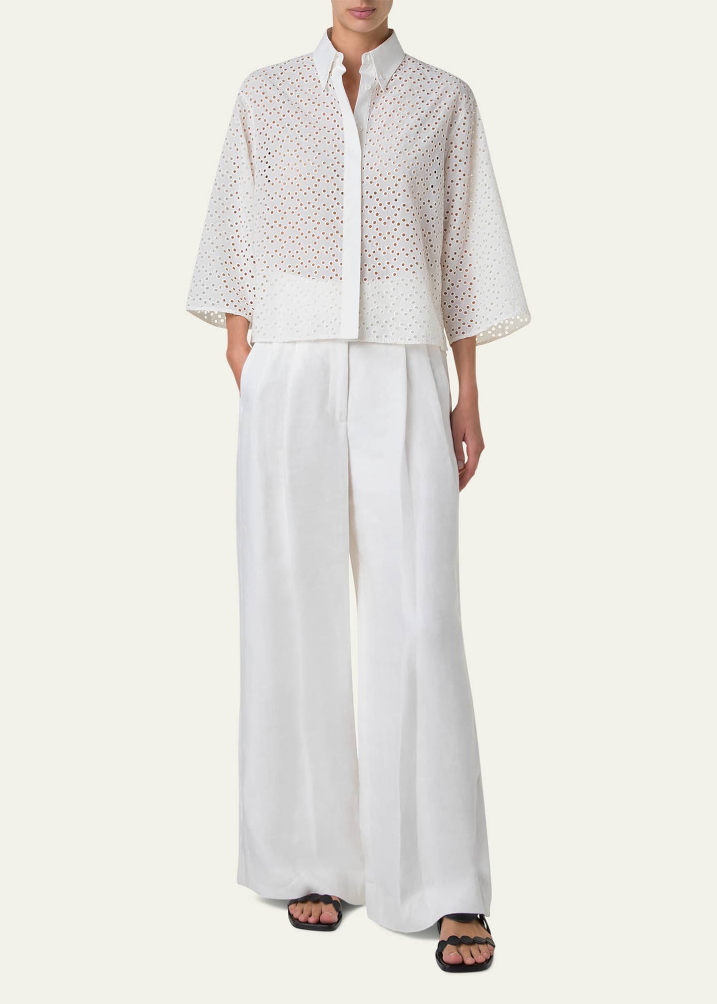 Akris punto Eyelet Three-Quarter Sleeve Poplin Blouse Image 2 of 5