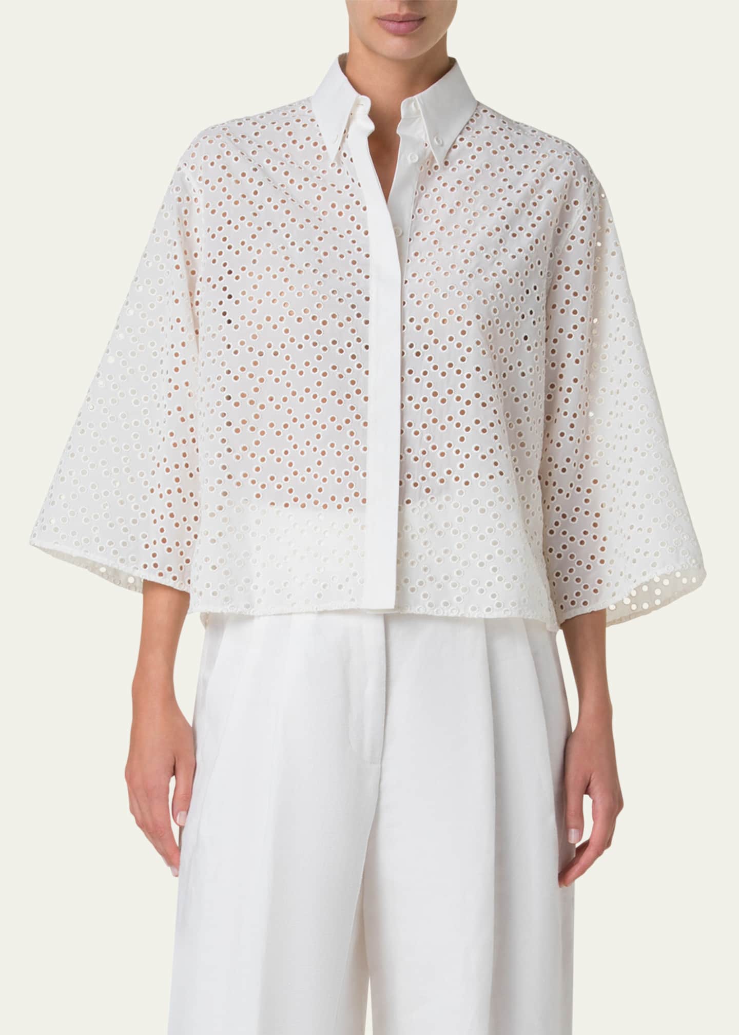 Akris punto Eyelet Three-Quarter Sleeve Poplin Blouse Image 4 of 5