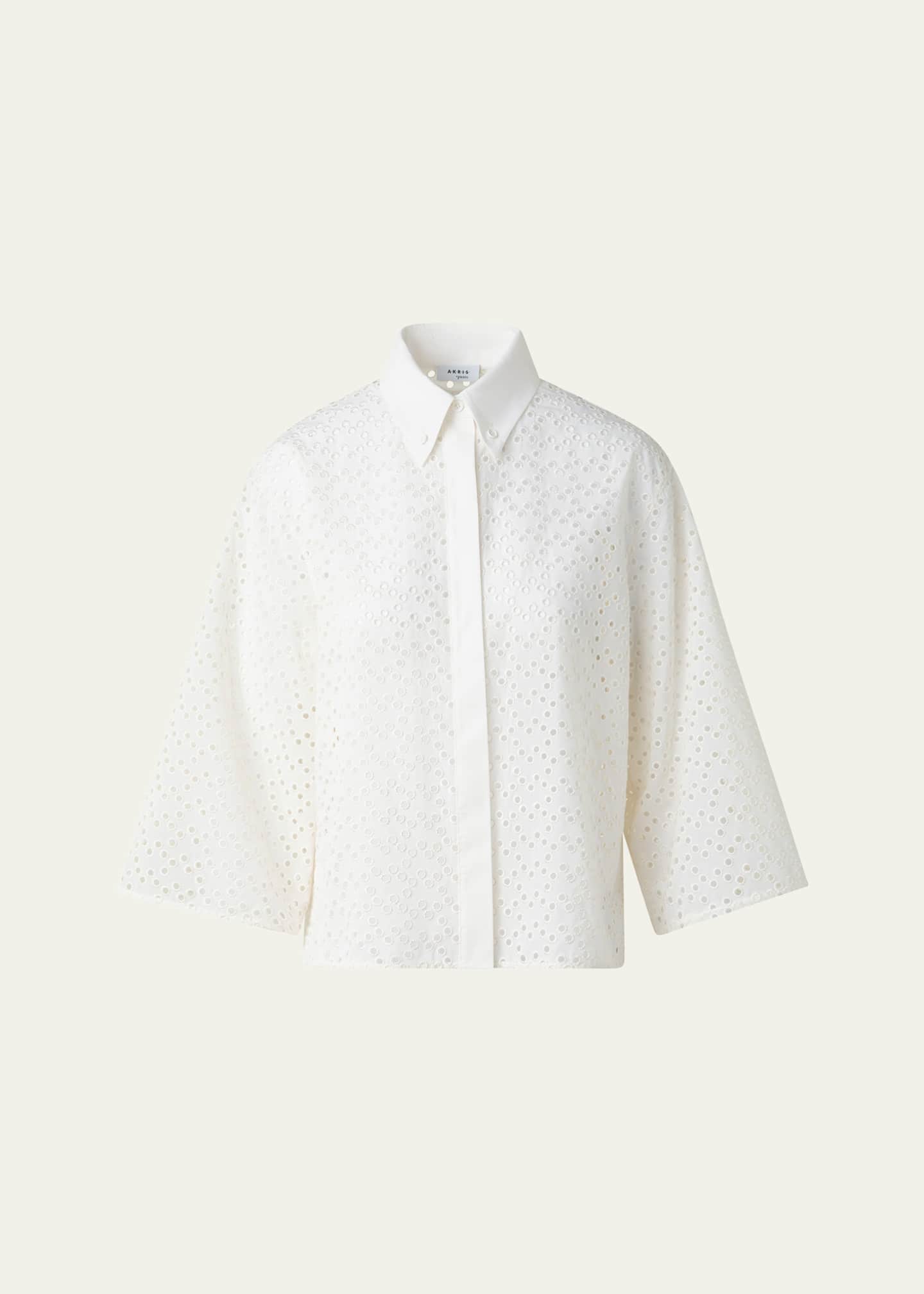 Akris punto Eyelet Three-Quarter Sleeve Poplin Blouse Image 1 of 5