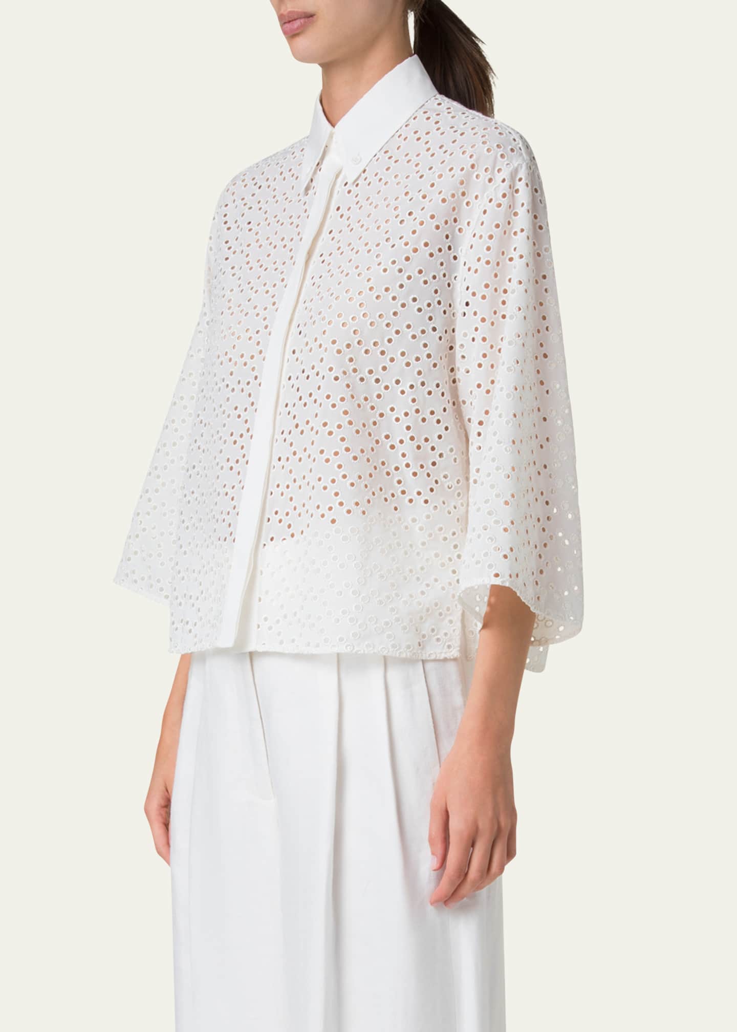 Akris punto Eyelet Three-Quarter Sleeve Poplin Blouse Image 5 of 5