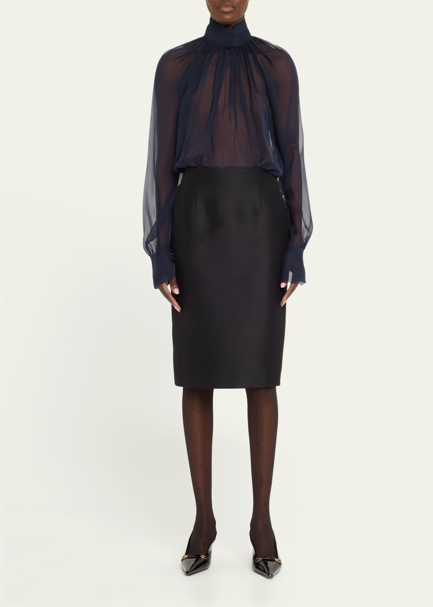 Saint Laurent Sheer Ruched Hig-Neck Blouse Image 2 of 5