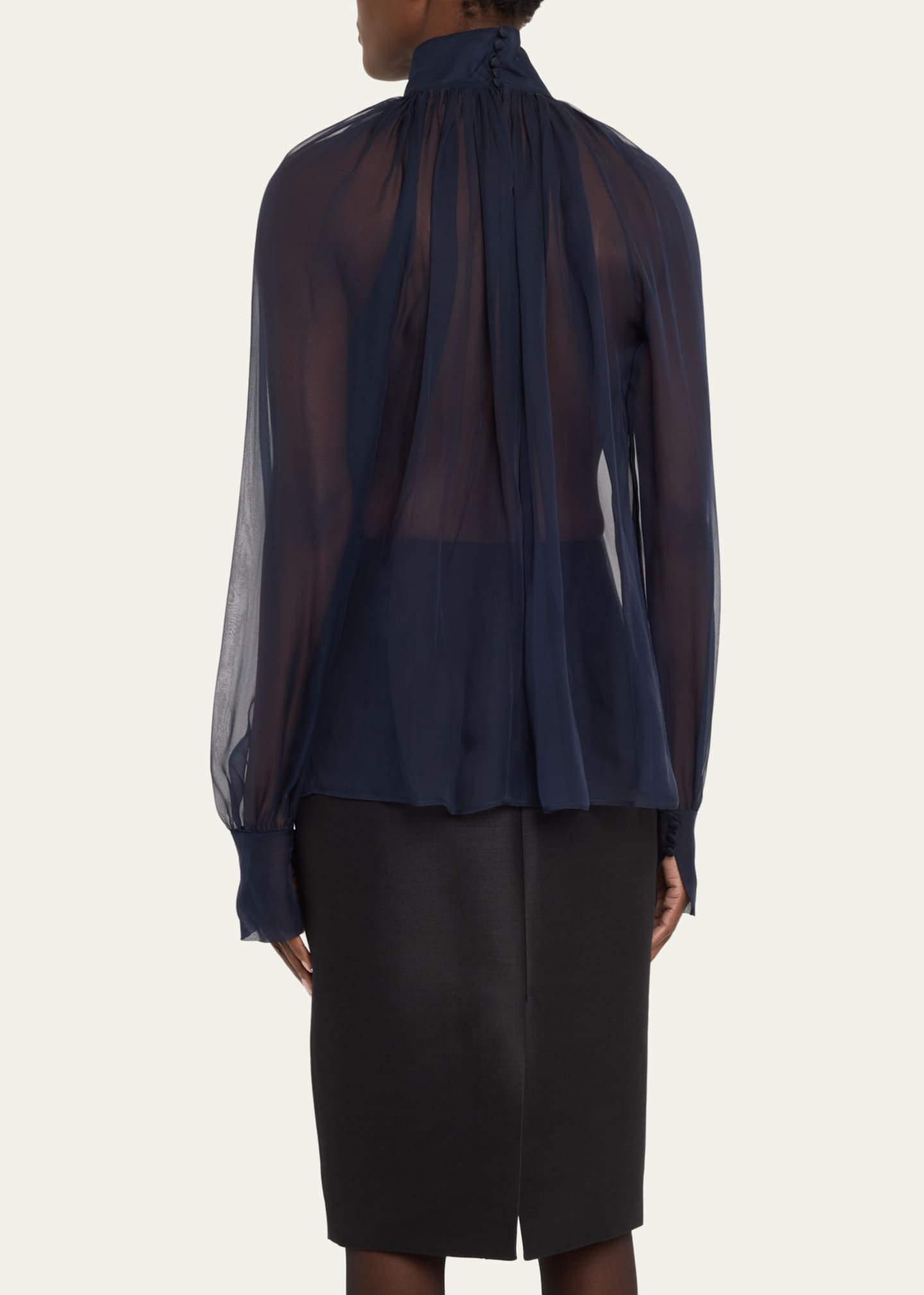 Saint Laurent Sheer Ruched Hig-Neck Blouse Image 3 of 5