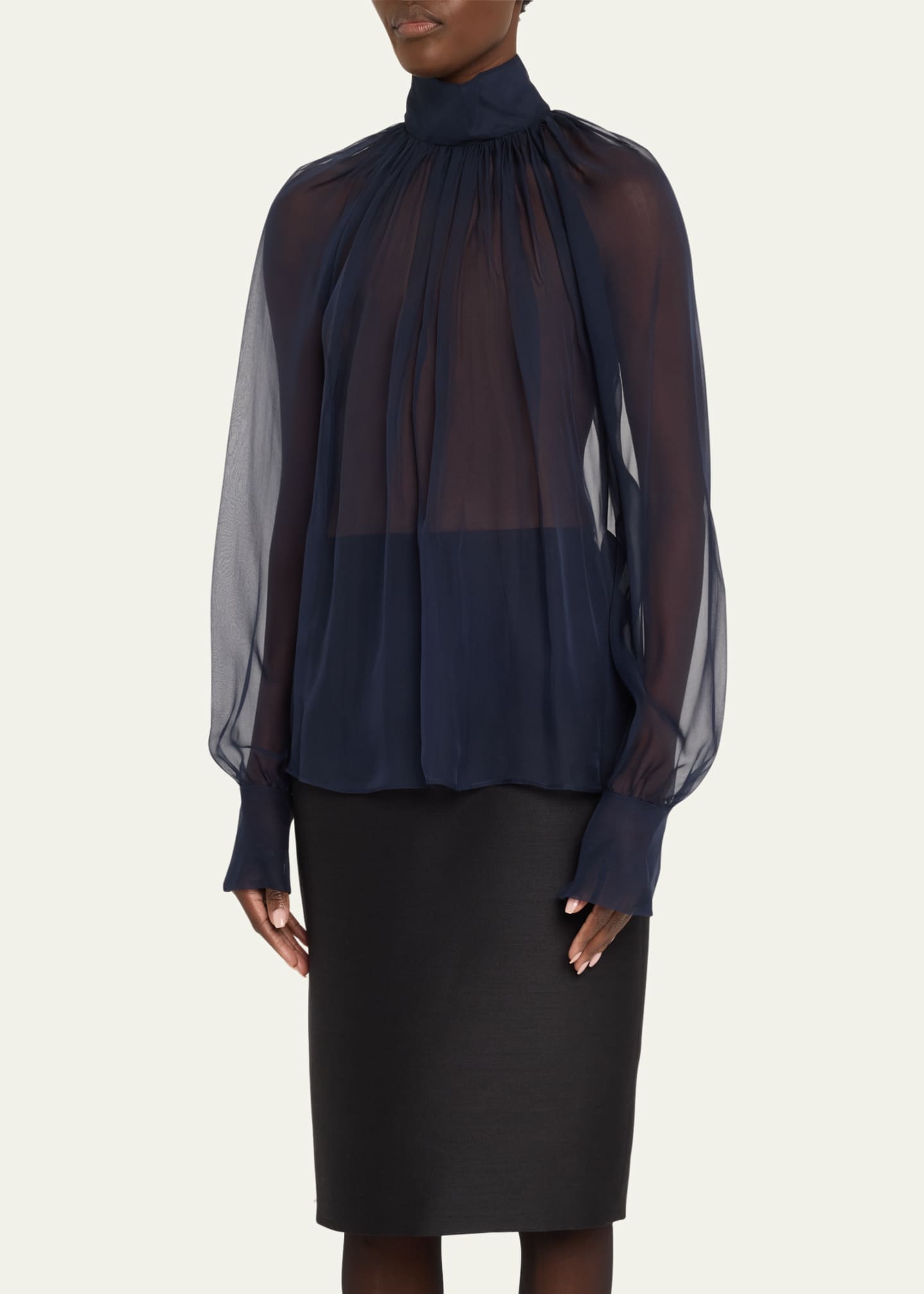 Saint Laurent Sheer Ruched Hig-Neck Blouse Image 4 of 5