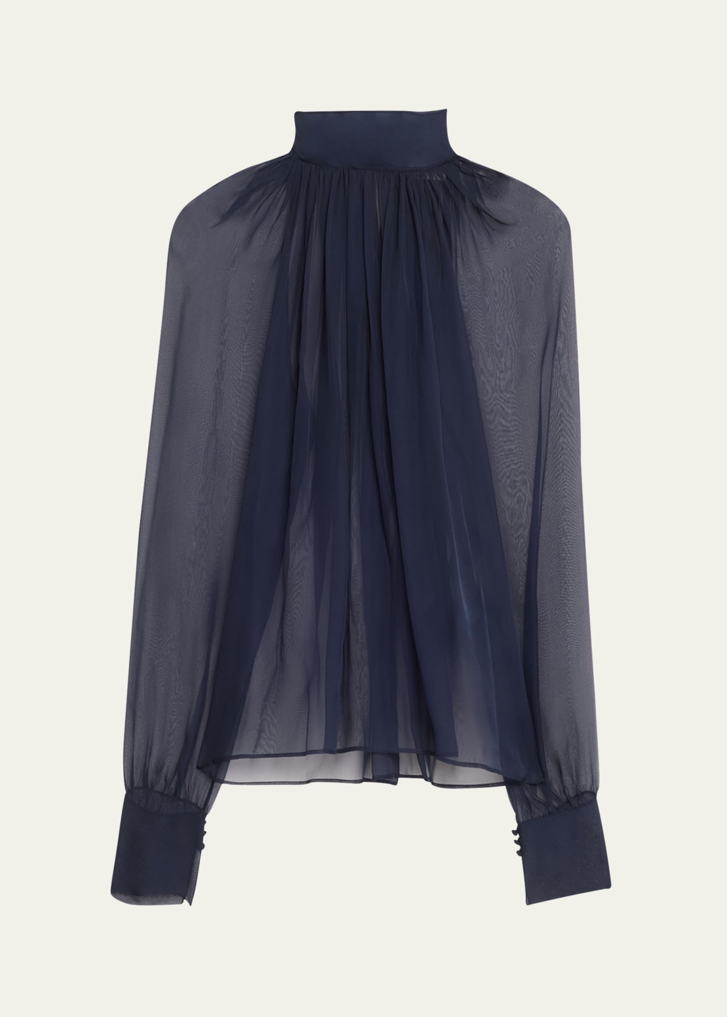 Saint Laurent Sheer Ruched Hig-Neck Blouse Image 1 of 5