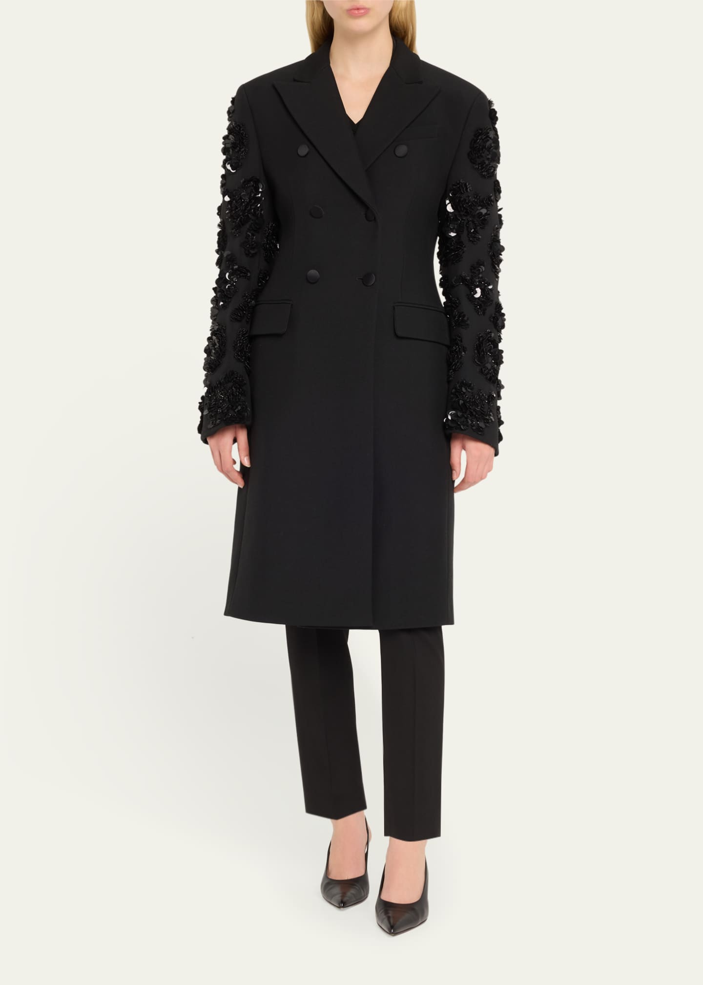 Michael Kors Collection Sequined-Sleeve Double Breasted Wool Coat Image 2 of 5