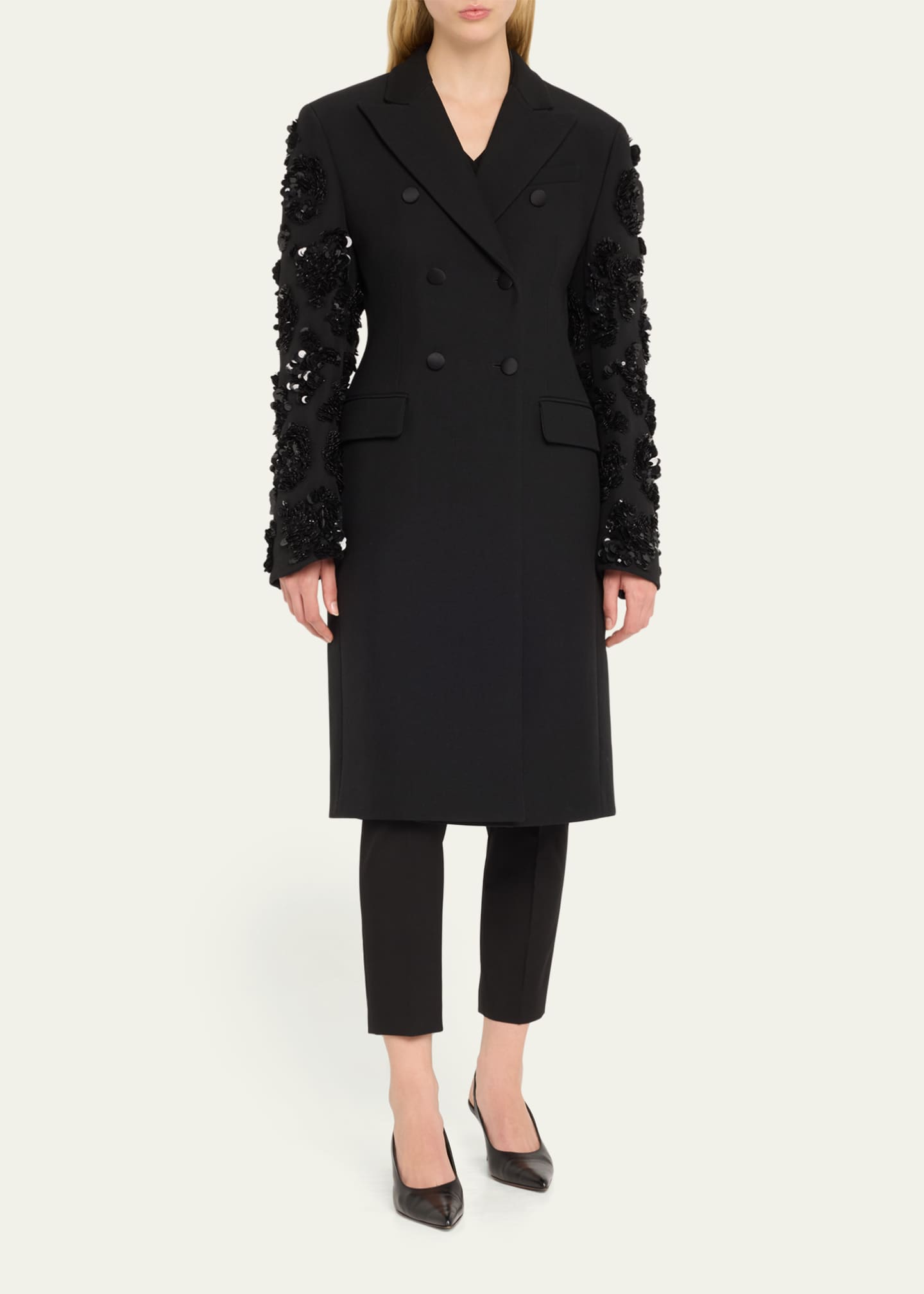 Michael Kors Collection Sequined-Sleeve Double Breasted Wool Coat Image 4 of 5