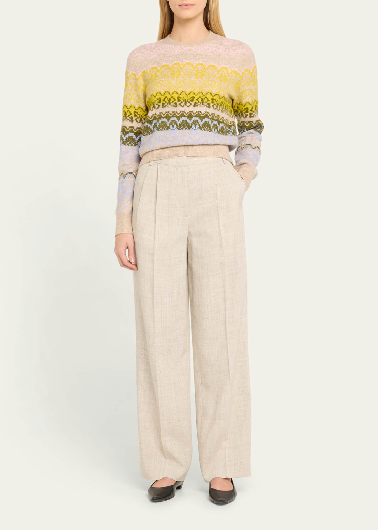 Cinq a Sept Lace Fair Isle Rhinestone Crewneck Sweater Image 2 of 5