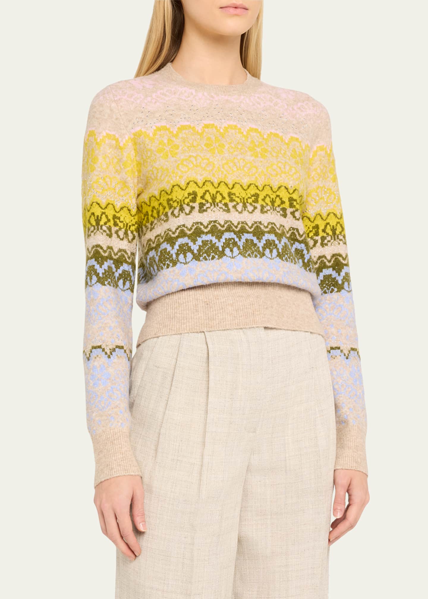 Cinq a Sept Lace Fair Isle Rhinestone Crewneck Sweater Image 4 of 5