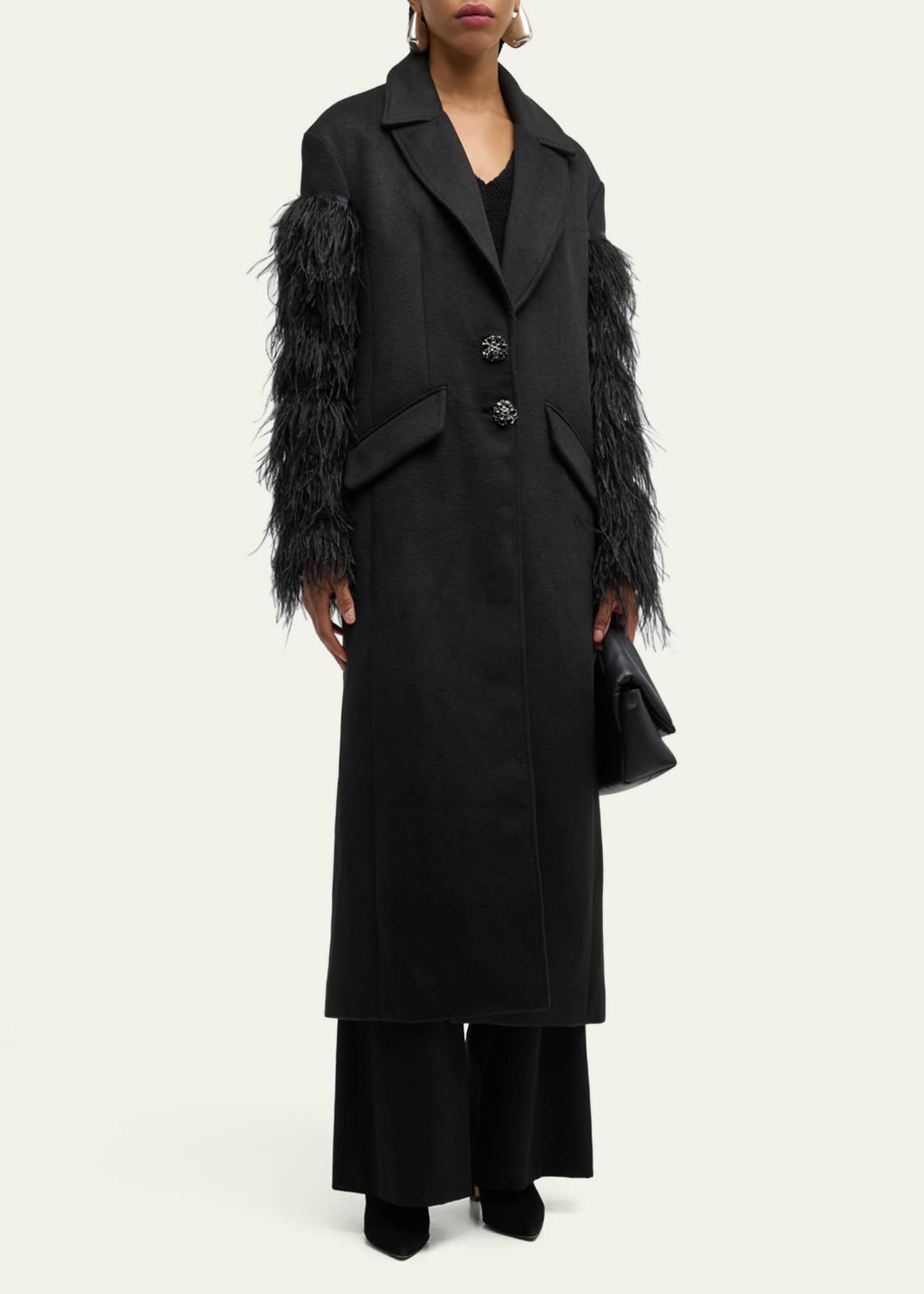 Cinq a Sept Ali Feather-Sleeve Long Wool-Blend Coat Image 2 of 5