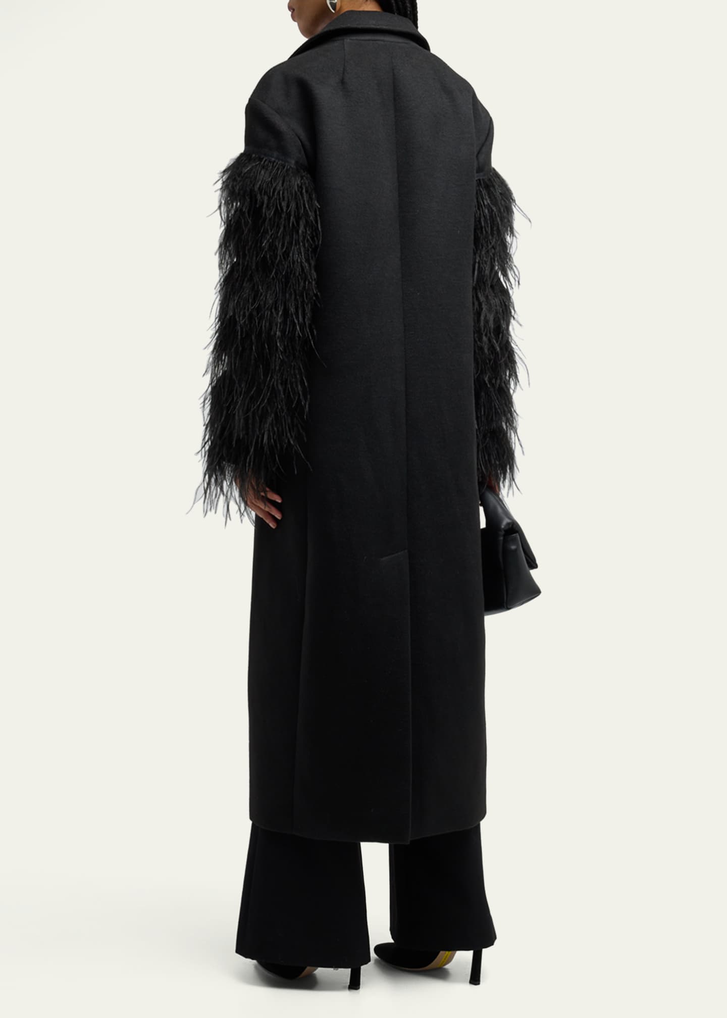 Cinq a Sept Ali Feather-Sleeve Long Wool-Blend Coat Image 3 of 5