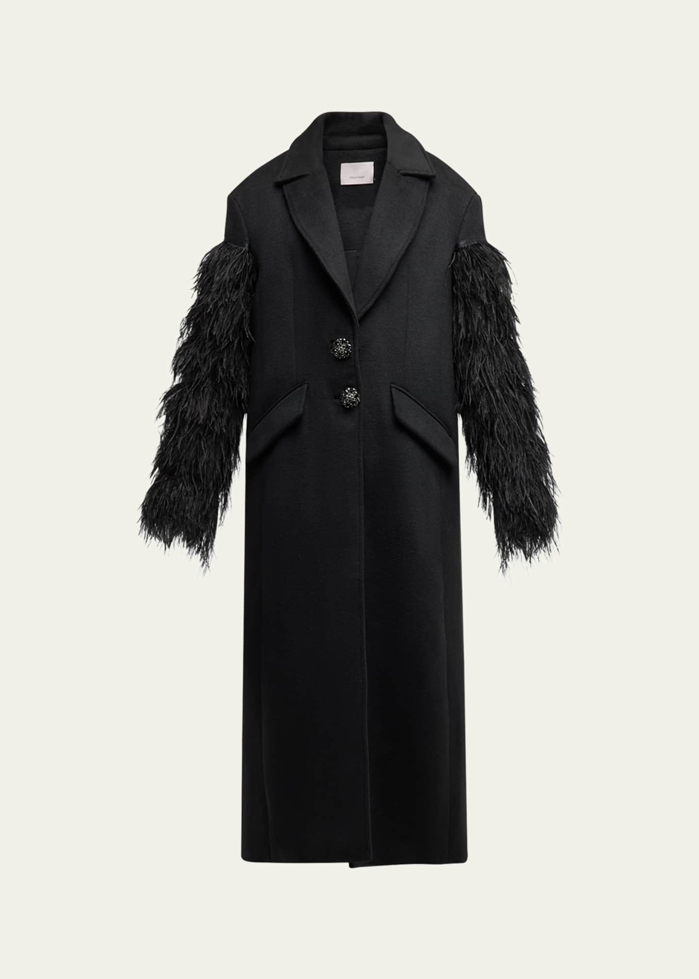 Cinq a Sept Ali Feather-Sleeve Long Wool-Blend Coat Image 1 of 5