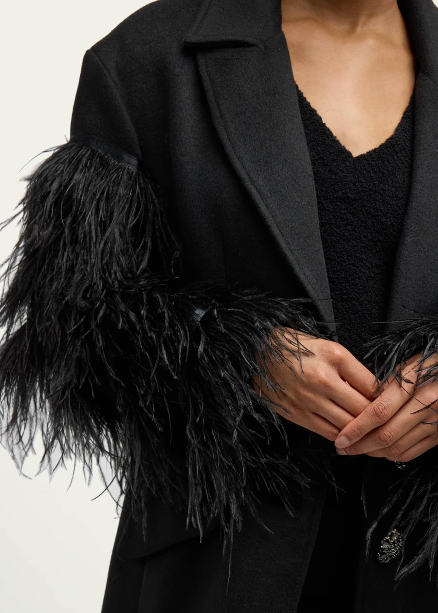 Cinq a Sept Ali Feather-Sleeve Long Wool-Blend Coat Image 5 of 5