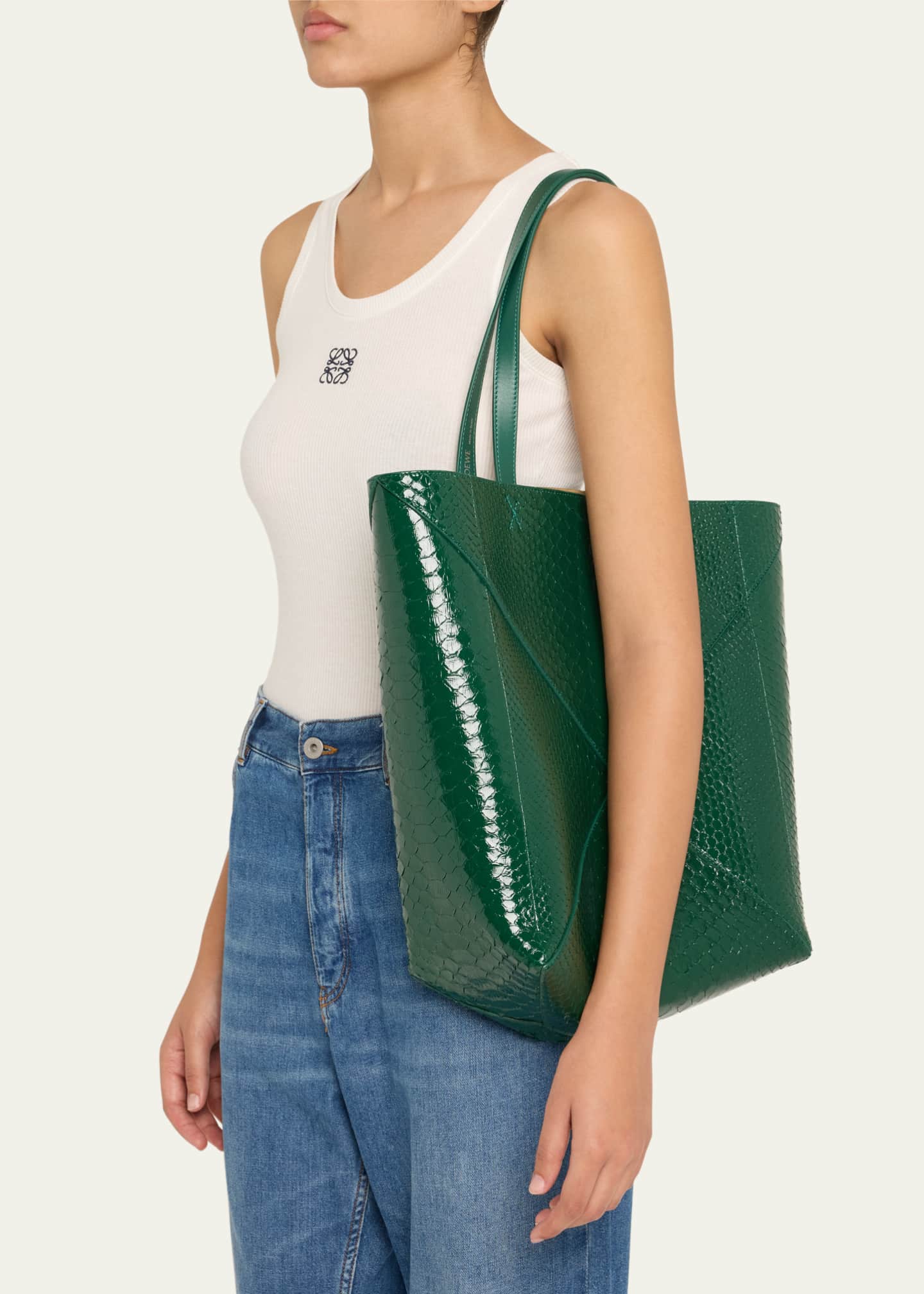 Loewe Puzzle Fold Large Patent Python-Embossed Tote Bag - Bergdorf Goodman