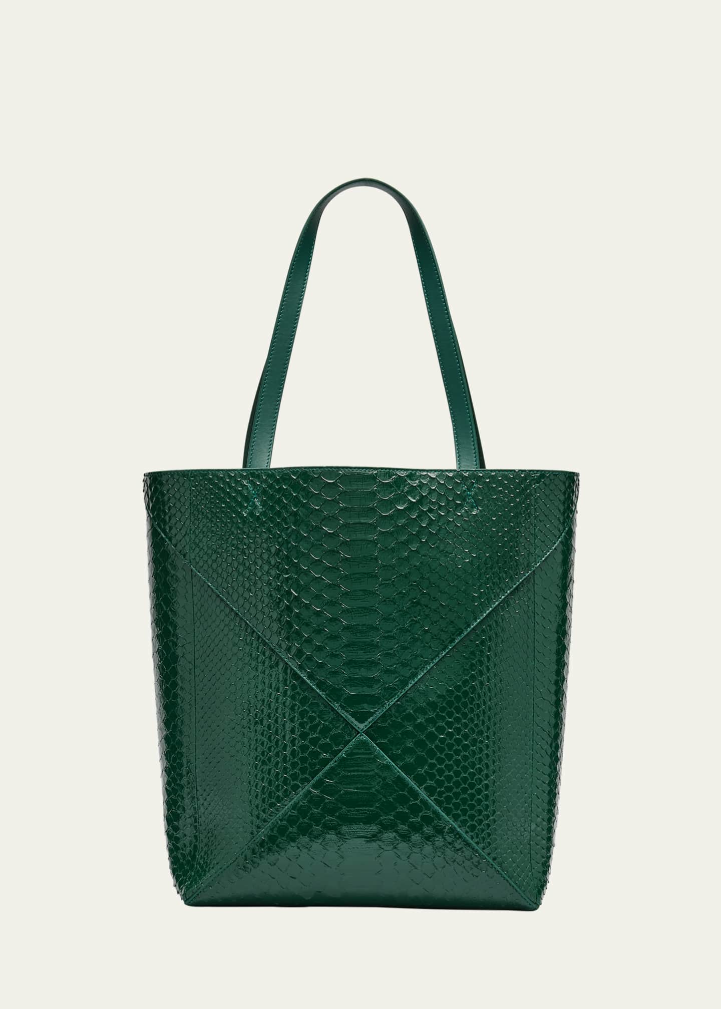 Loewe Puzzle Fold Large Patent Python-Embossed Tote Bag - Bergdorf Goodman image.