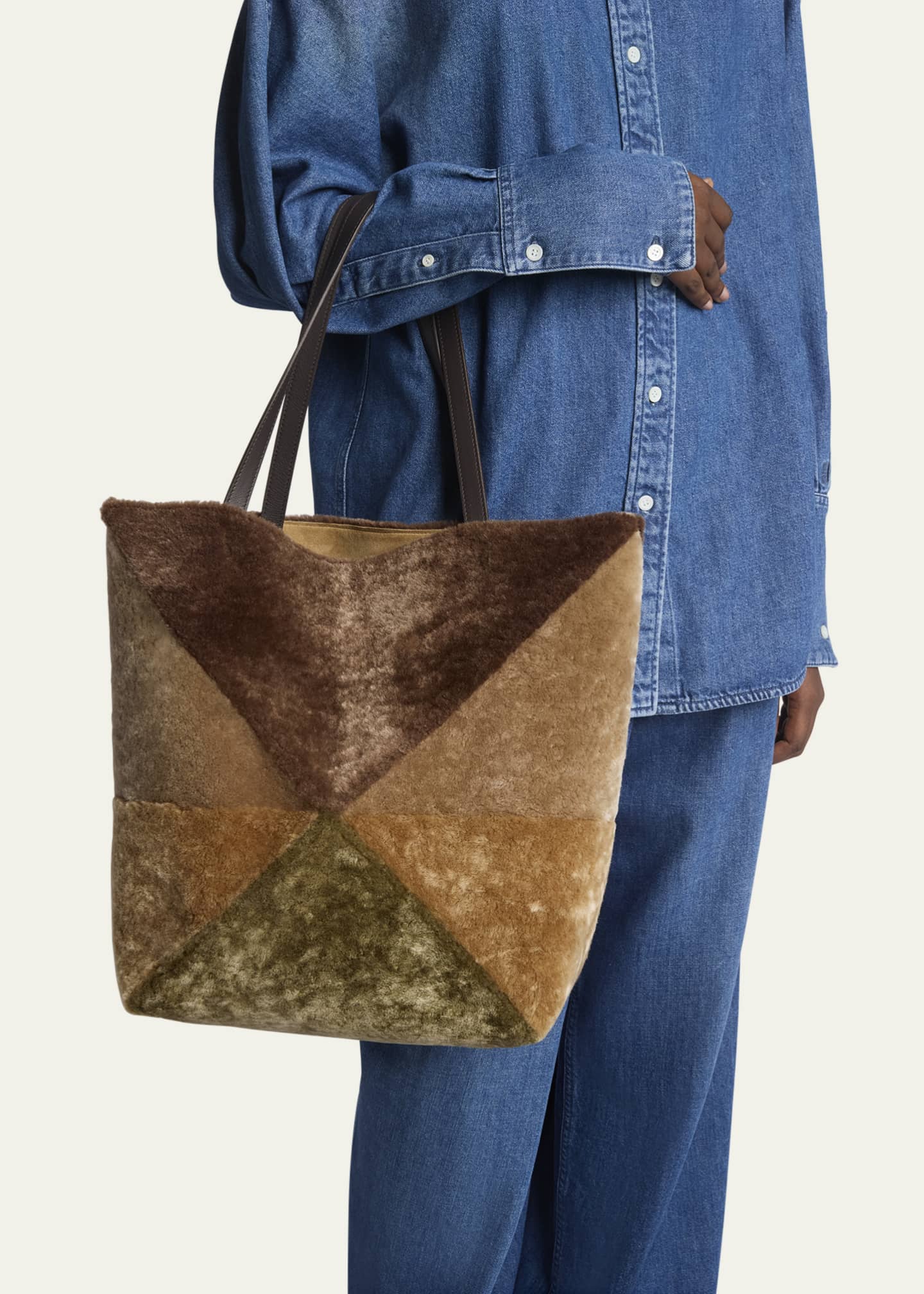 Loewe Puzzle Fold Large Sheep Shearling Fur Tote Bag Image 2 of 5