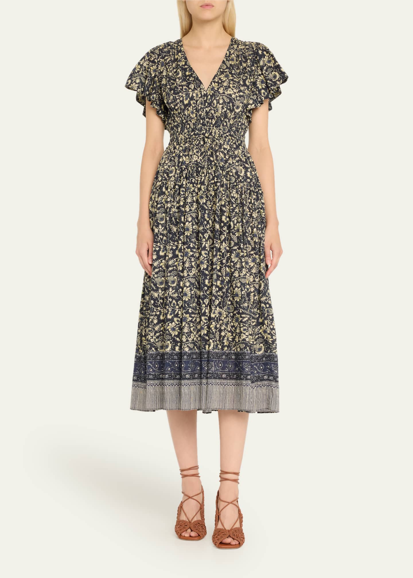 Ulla Johnson Lyria Flutter-Sleeve Floral Midi Dress Image 2 of 5