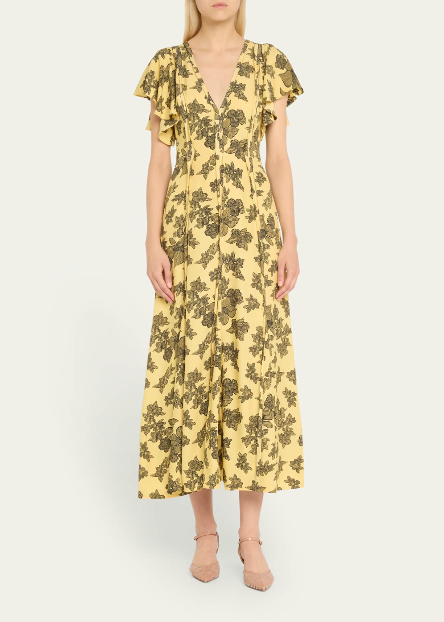 Ulla Johnson Evette Seamed Floral-Print Midi Dress Image 2 of 5