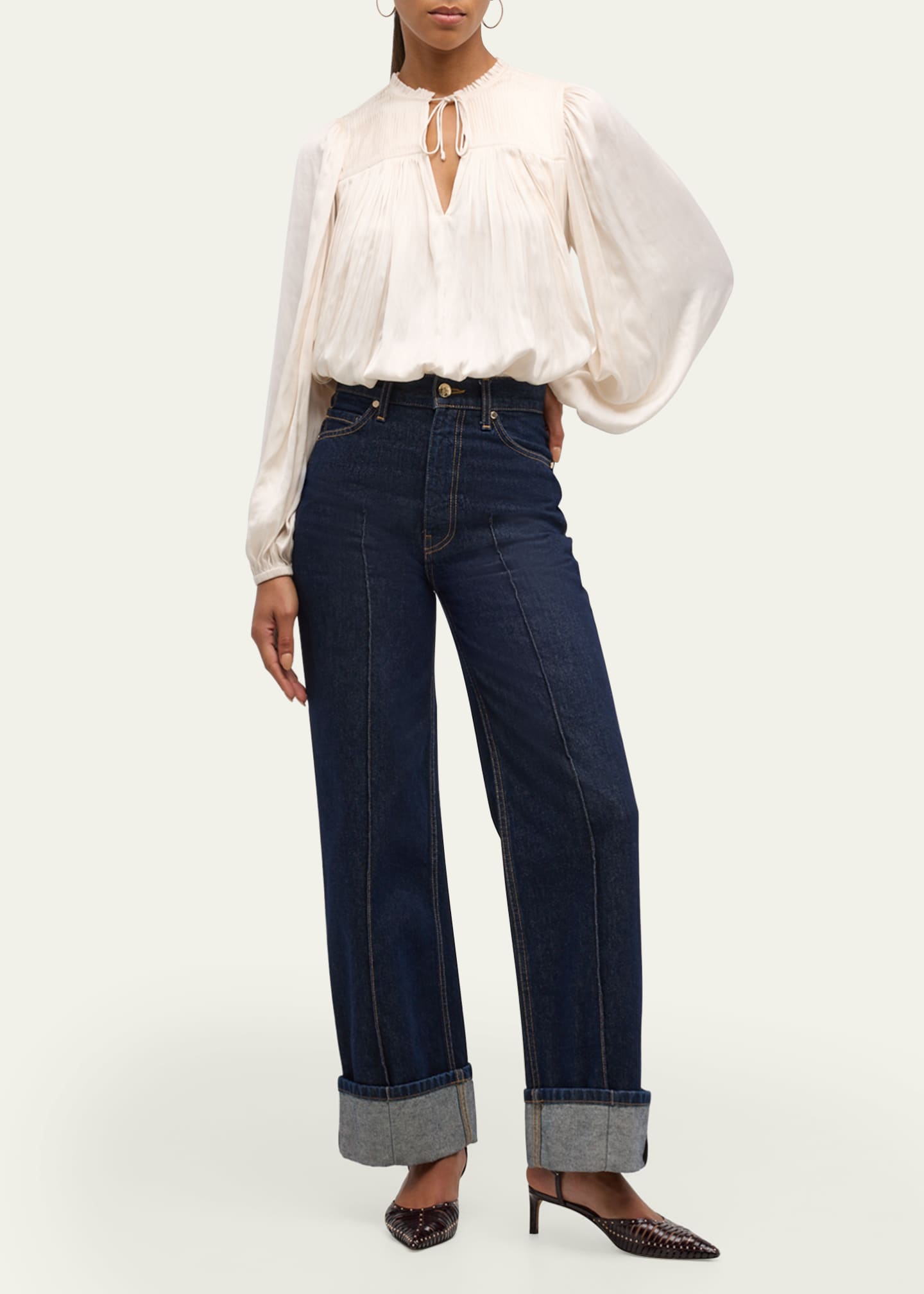 Ulla Johnson Freja Pleated Blouson-Sleeve Blouse Image 2 of 5