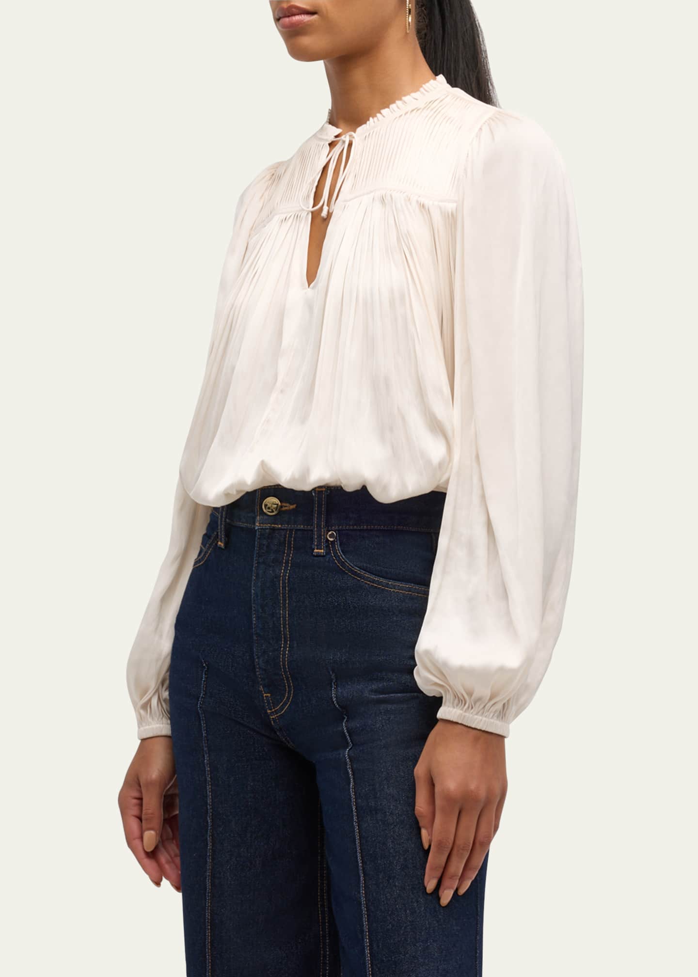Ulla Johnson Freja Pleated Blouson-Sleeve Blouse Image 4 of 5