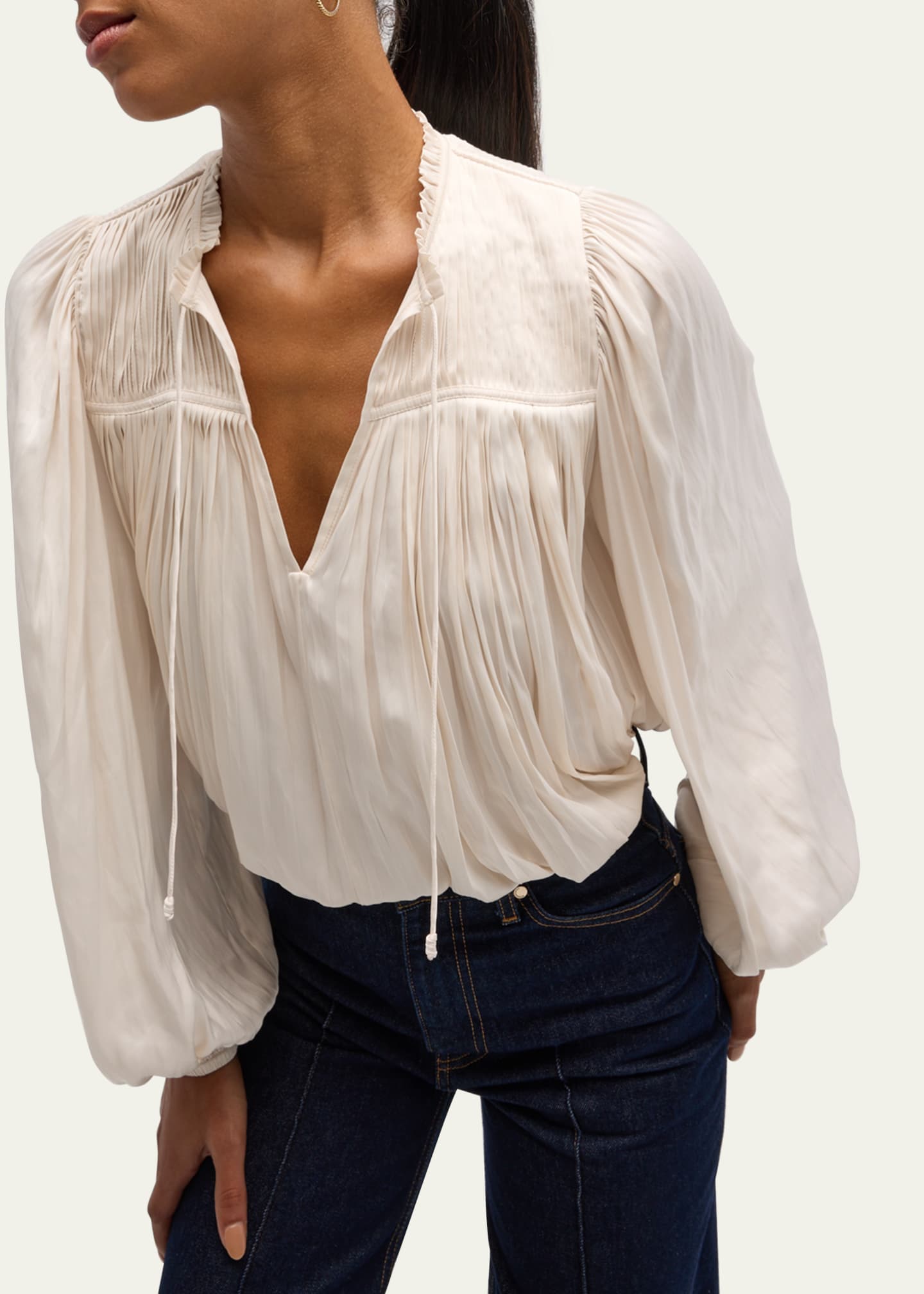 Ulla Johnson Freja Pleated Blouson-Sleeve Blouse Image 5 of 5