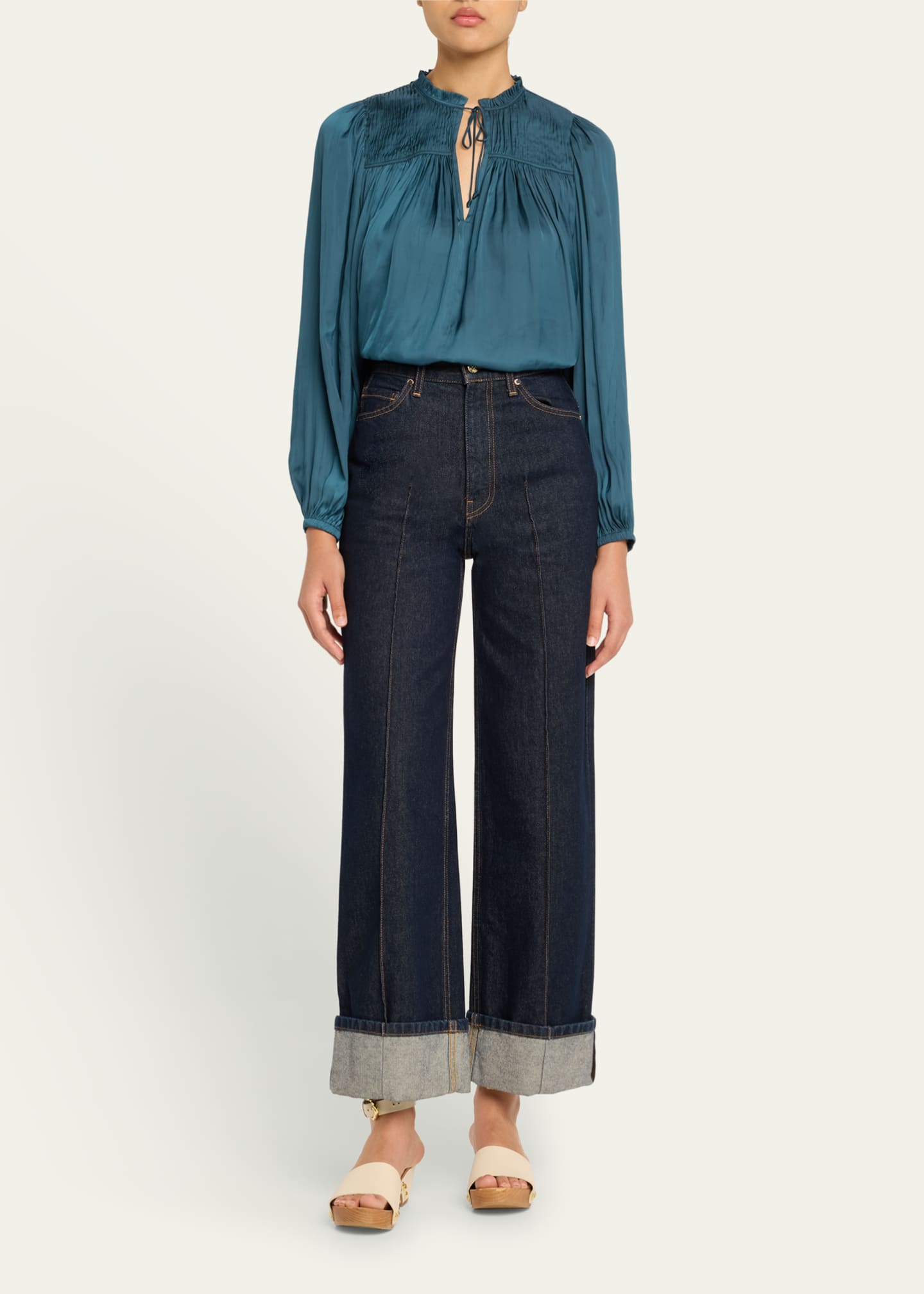Ulla Johnson Freja Pleated Blouson-Sleeve Blouse Image 2 of 5