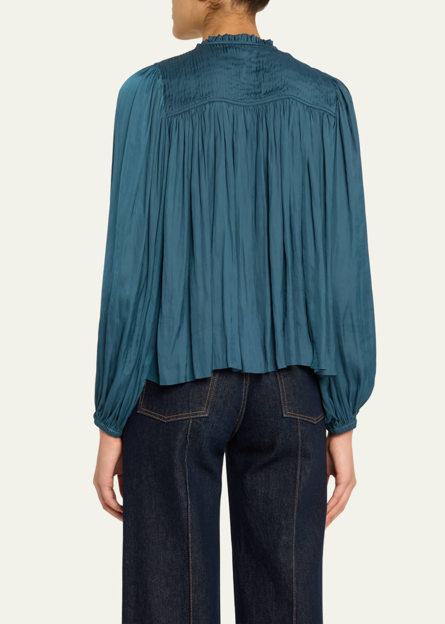 Ulla Johnson Freja Pleated Blouson-Sleeve Blouse Image 3 of 5