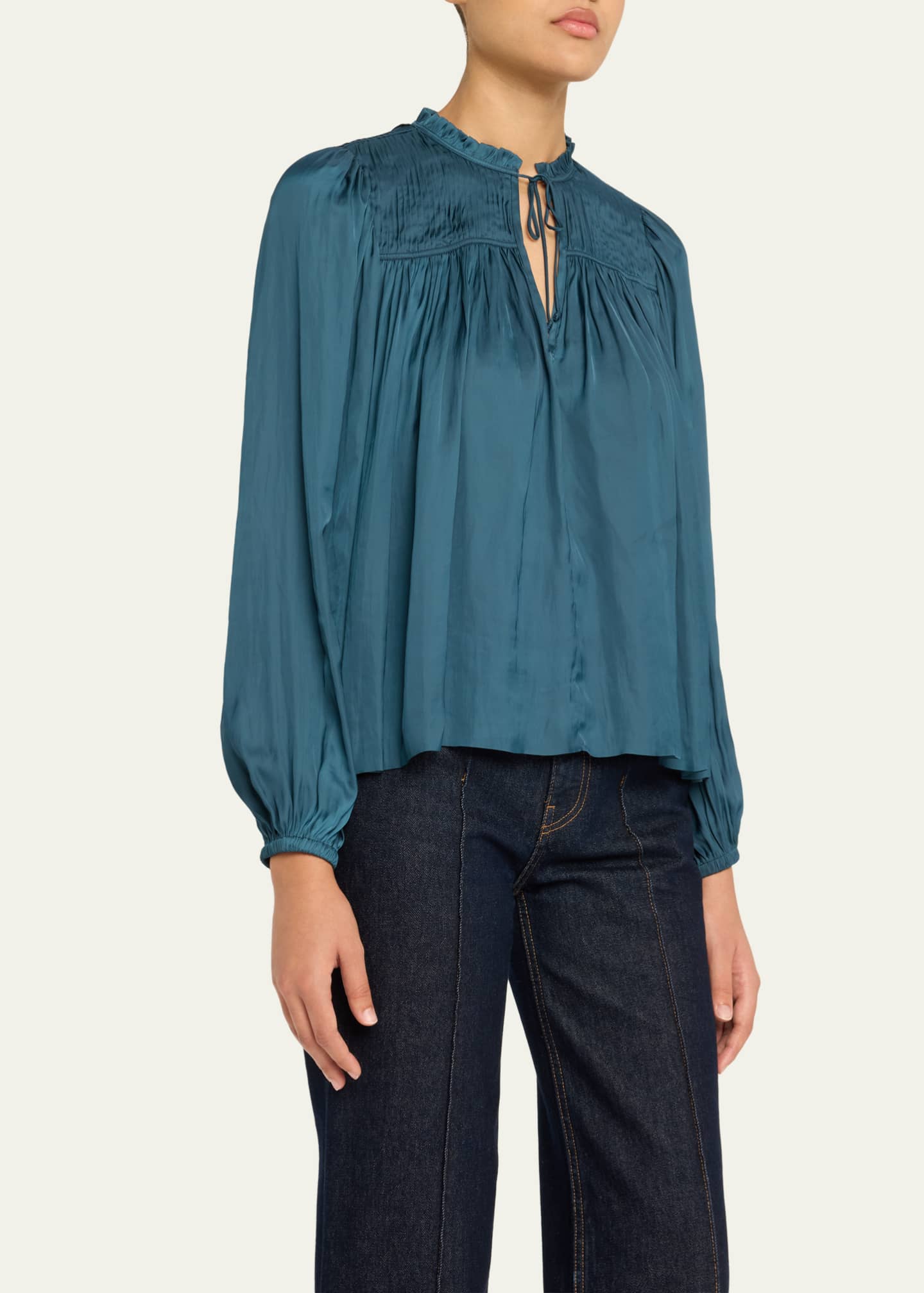 Ulla Johnson Freja Pleated Blouson-Sleeve Blouse Image 4 of 5
