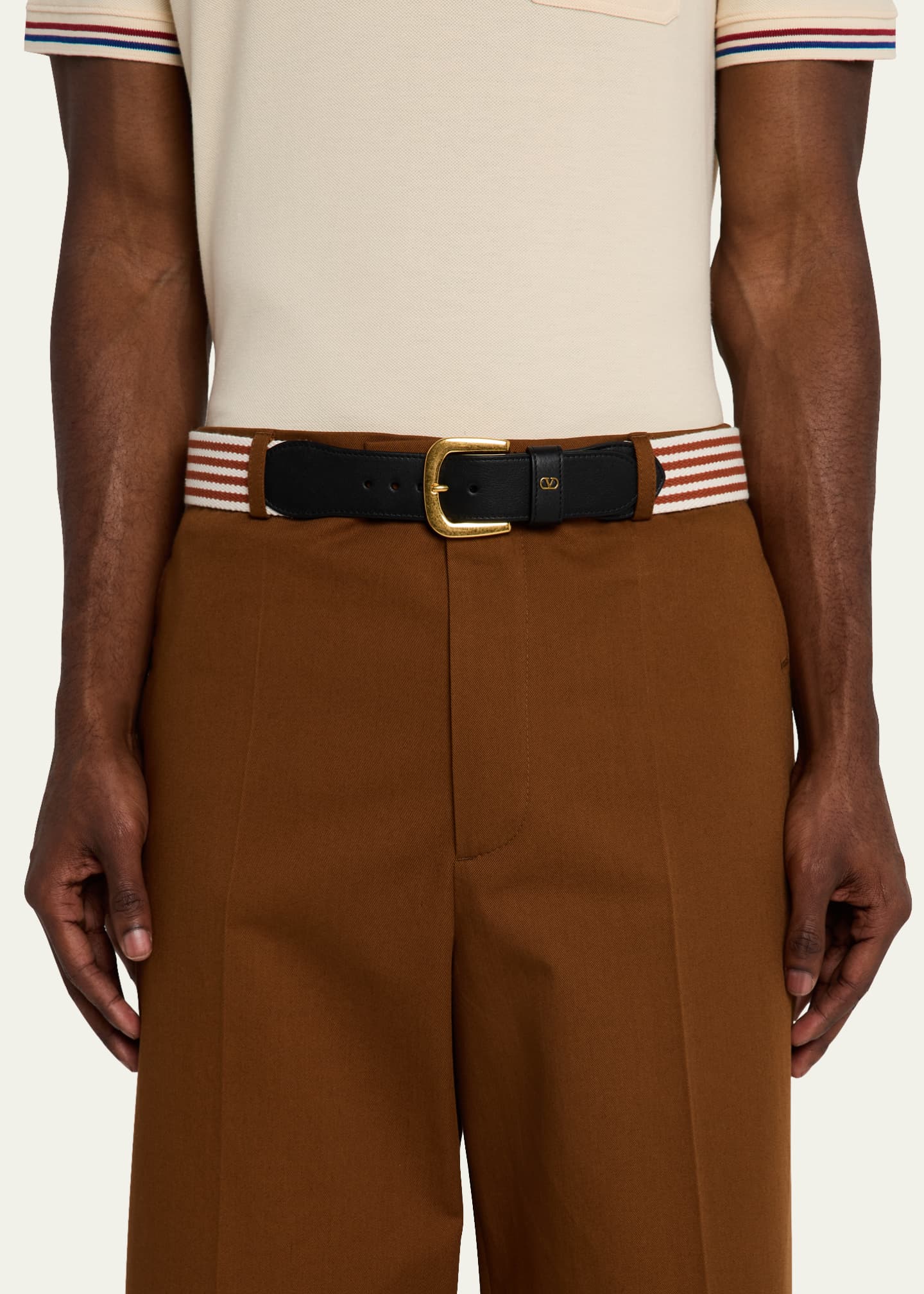 Valentino Garavani Men's Nano Stripe Cotton and Leather Belt Image 2 of 2
